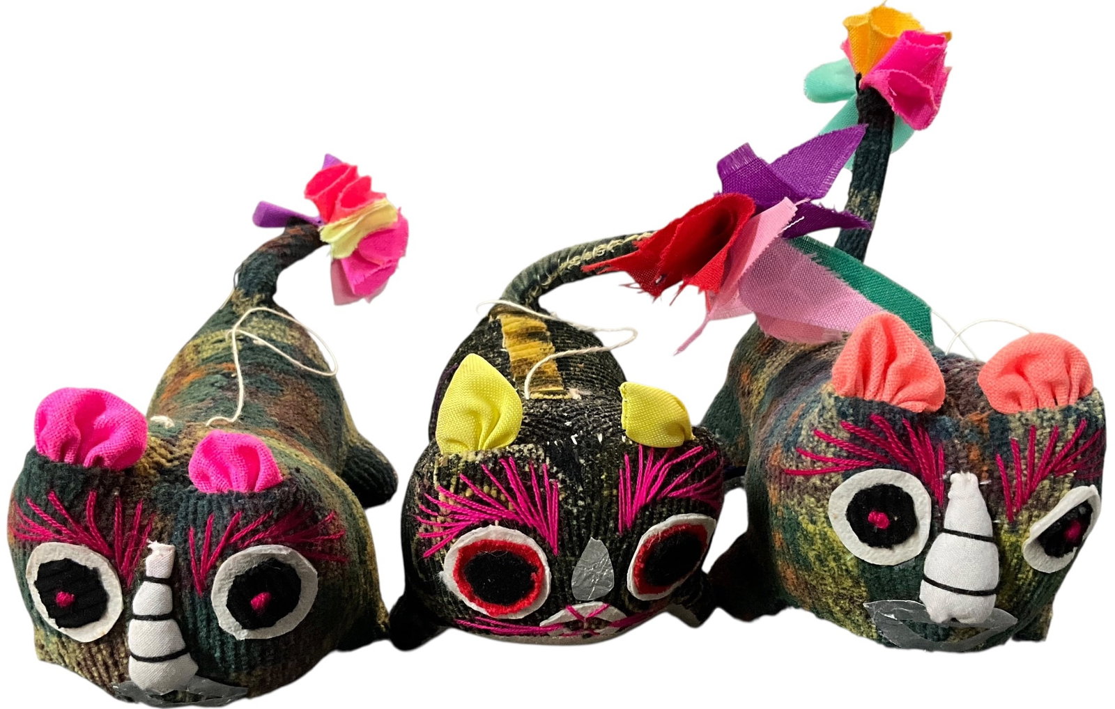 Shaanxi Cats- Colorful Soft Sculptures: Shaanxi Cats- Colorful Soft Sculptures. Whimsical and colorful soft sculpture cats from the Shaanxi Province of China. All are approx. 4" long. From the collection of the Kruizenga Art Museum at Hope