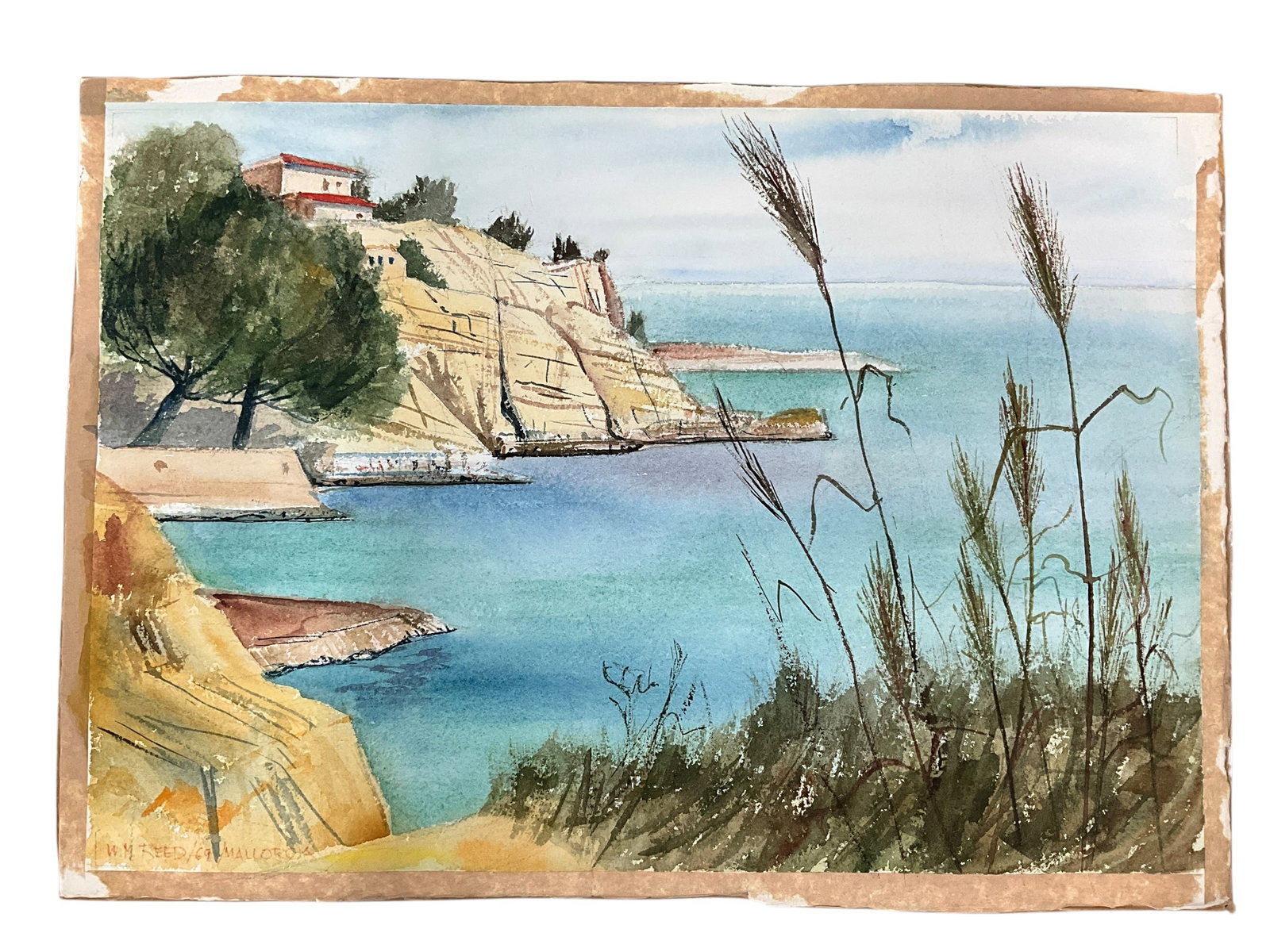 W. M. Reed, "Mallorca (Seaside Cliff)" Watercolor on Paper, 1969: W. M. Reed, "Mallorca (Seaside Cliff)" Watercolor on Paper, 1969. Signed at lower left "W. M. Reed/69/Mallorca." Unframed painting measures approx. 15" X 21" From the collection of the Kruizenga Art M