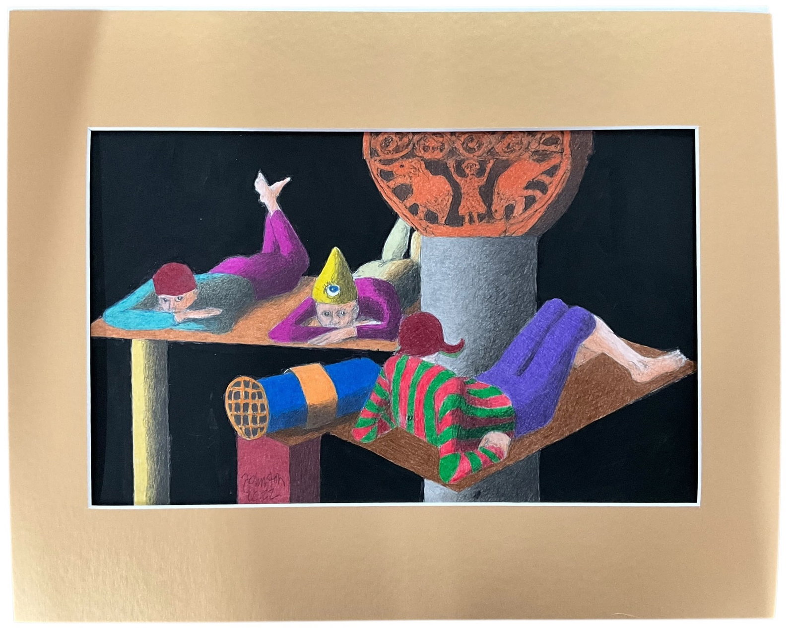 Johnston, "Keeping the Lid on Hysteria" Mixed Media on Paper: Johnston, "Keeping the Lid on Hysteria" Mixed Media on Paper. We have no biographical information on the artist, who is not known to us. Matted unframed work measures approx. 16" X 20" OA, and 10" X 1