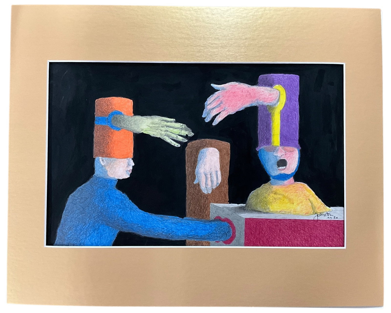 Johnston, "As Egos Press for Space" Mixed Media on Paper: Johnston, "As Egos Press for Space" Mixed Media on Paper. We have no biographical information on the artist, who is not known to us. Matted unframed work measures approx. 16" X 20" OA, and 9.25" X 15.