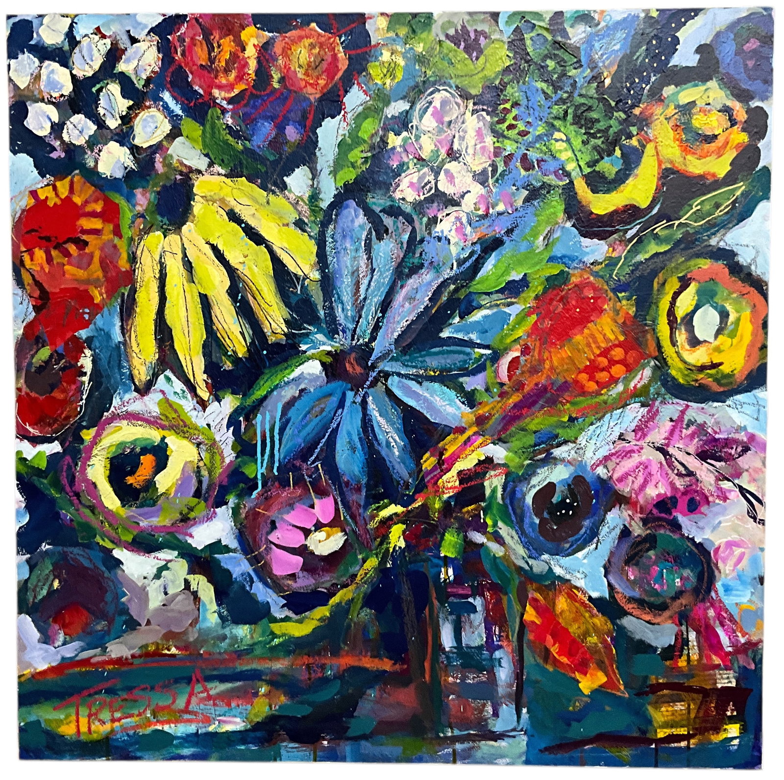 Tressa Mills (American, 20th Century), Untitled Still Life, Acrylic on Canvas.: Tressa Mills (American, 20th Century), Outsider Artist, Untitled Still Life, Acrylic on Canvas. Mills, a well known West Michigan antiques dealer, auctioneer, and entrepreneur, is also a talented self