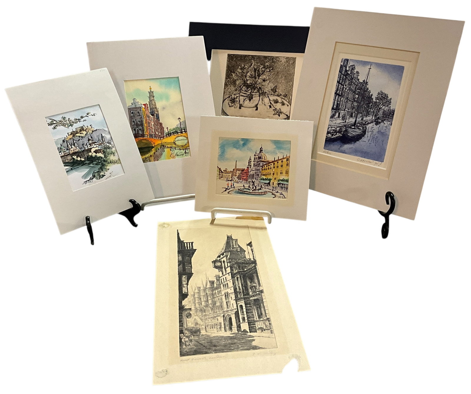 Group of Six Etchings/Pen & Ink Drawings: Group of Six Etchings/Pen & Ink Drawings. Three etchings, from artists with names like Garrett, Wiley, and DeForna, and what appear to be three small hand colored pen and ink drawings. The largest is 