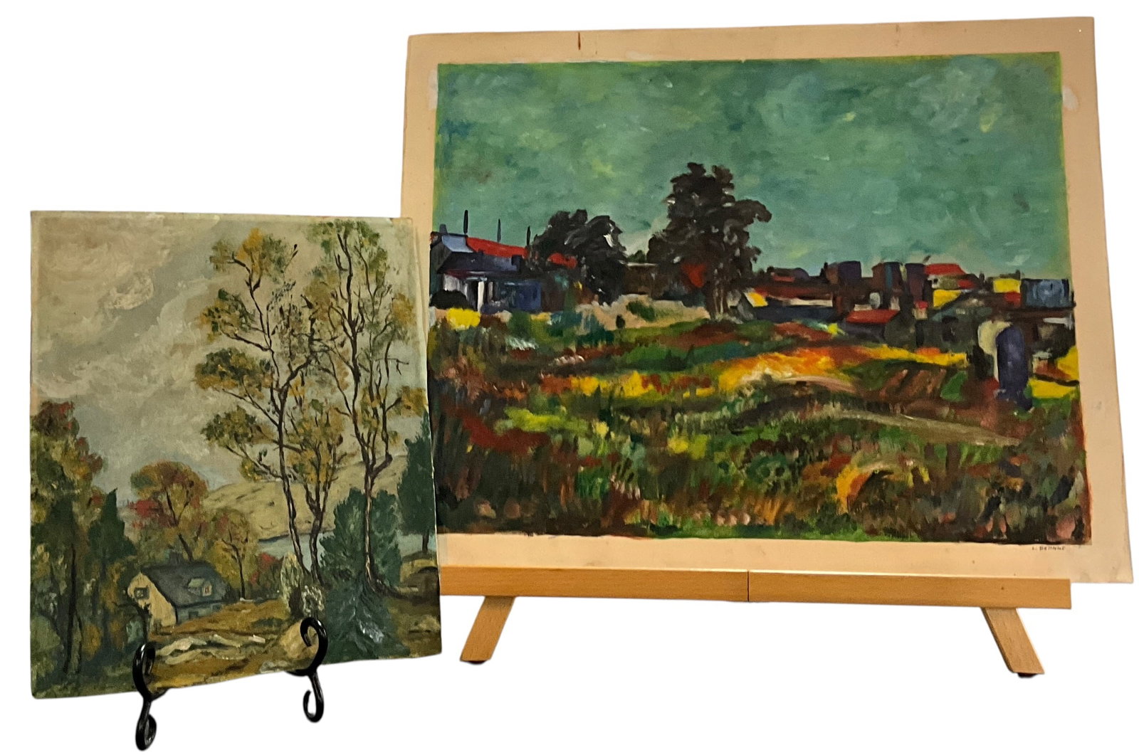 Pair of Original Paintings: Pair of Original Paintings. A gouache on paper landscape, 16" X 20," and signed L. Behnke at lower right, and an oil on cardboard landscape, approx. 12" X 10," and unsigned. There is an irregular