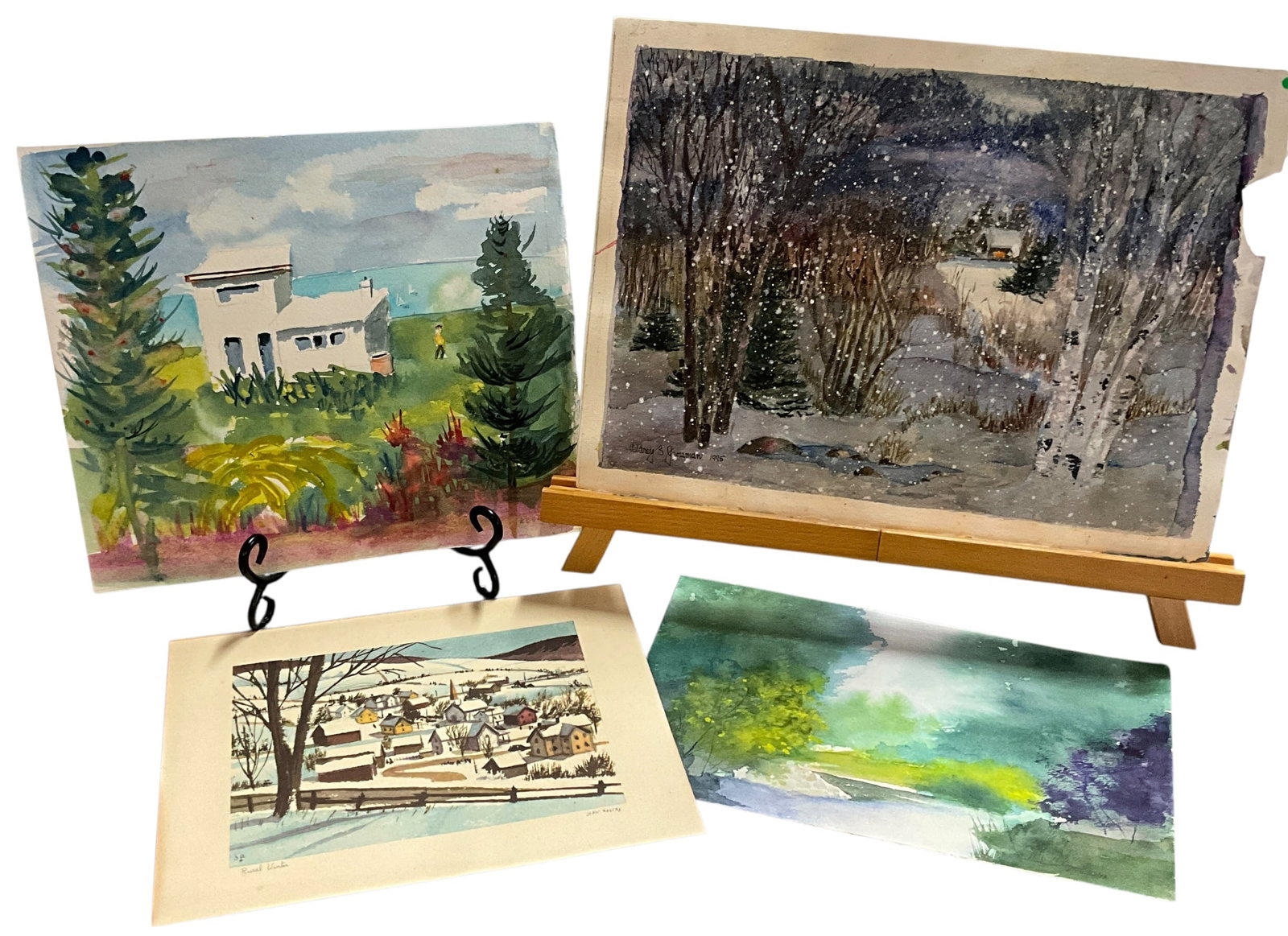 Three Original Watercolor Paintings, and a Print: Three Original Watercolor Paintings, and a Print. Three paintings- a winter scene, 11" X 15," by Audrey Grossman, a landscape with an illegible signature, 7.25" X 12," and an unsigned landscape, 10"