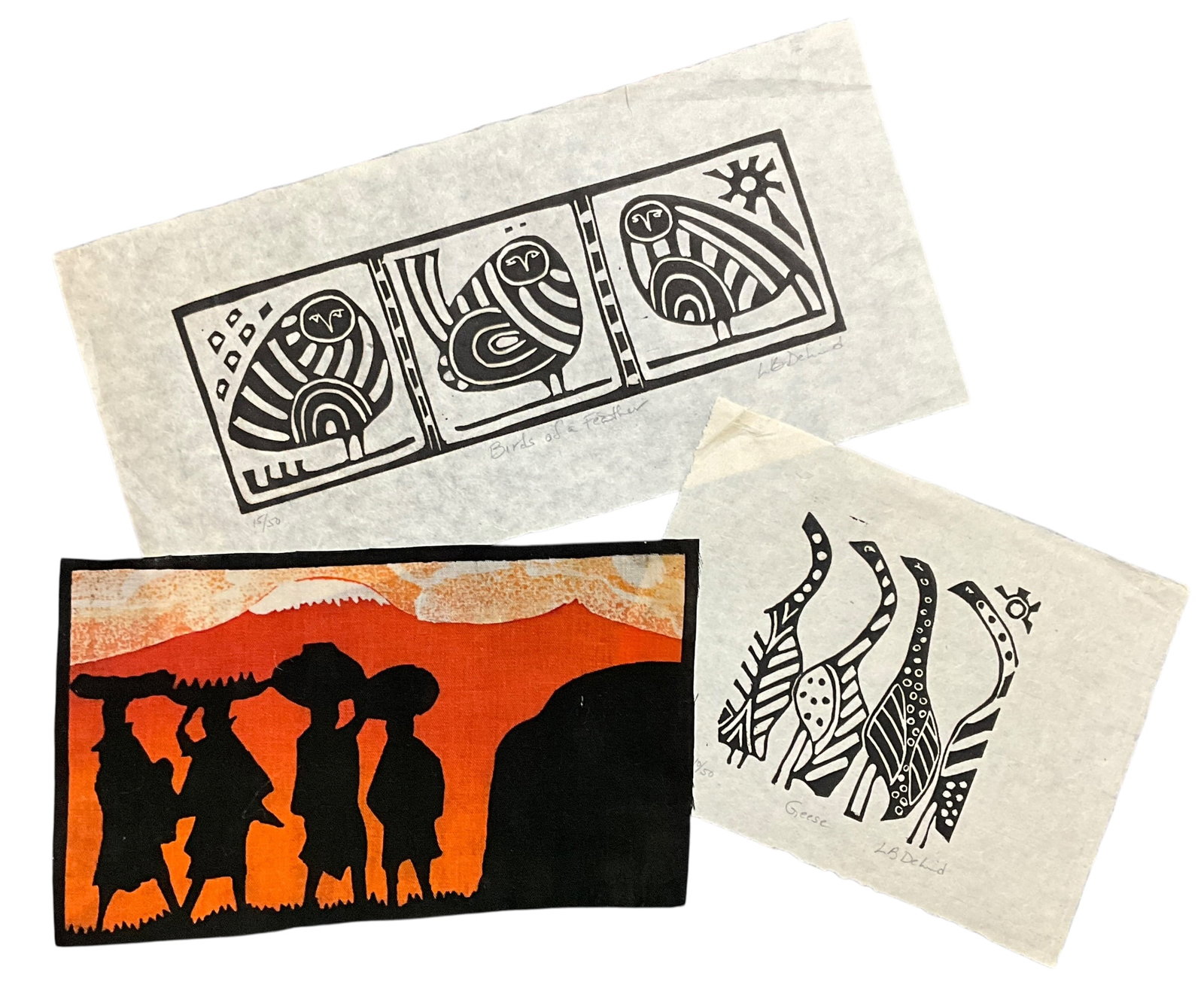 Three Original Art Prints: Three Original Art Prints. Two woodblock or lino-cut limited edition prints, both from editions of 50, and what appears to be a silkscreen on fabric. The largest print is approx. 7" X 14.25." Will shi
