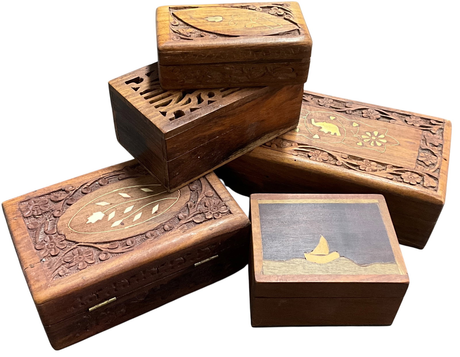 Group of Five Carved/Inlaid Wooden Boxes (1 of 5)