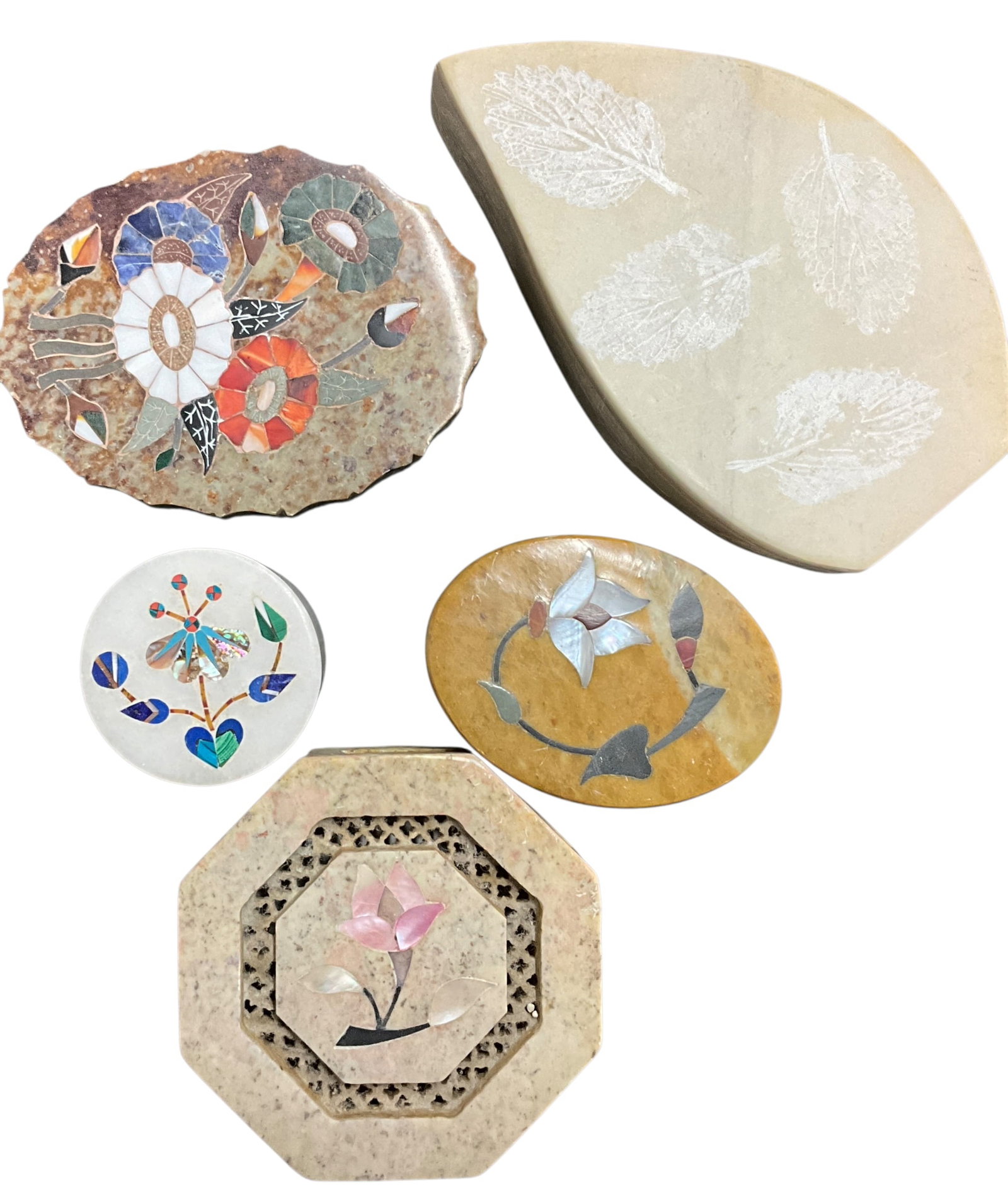 Group of Five Carved/Inlaid Stone Boxes: Group of Five Carved/Inlaid Stone Boxes. Carved stone with colorful inlaid lids. Various materials and shapes. Largest measures approx. 1.5" X 3.5 X 6," and smallest measures approx. 1.5" X 2" X 2."