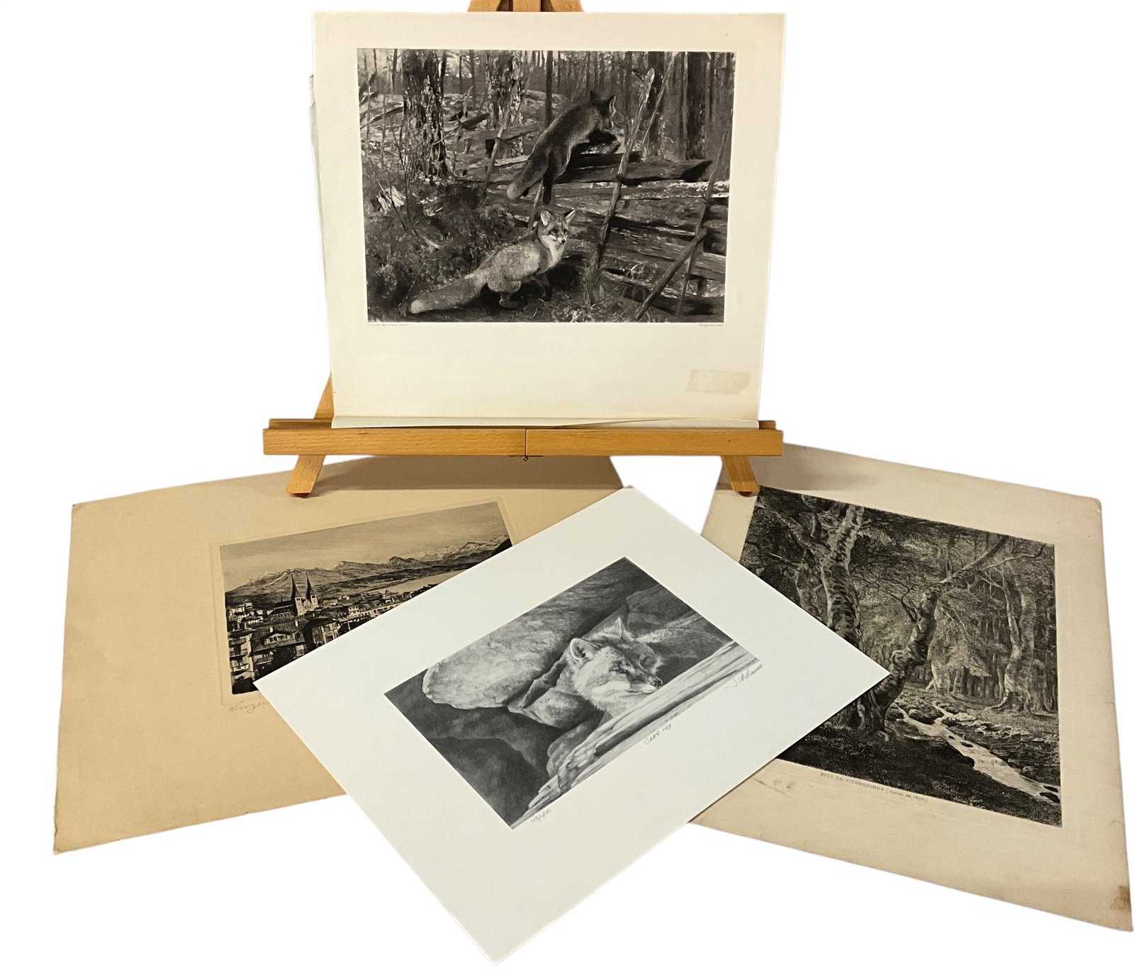 Group of Three Black & White Prints – Landscape Etchings & Fox Study (1 of 16)