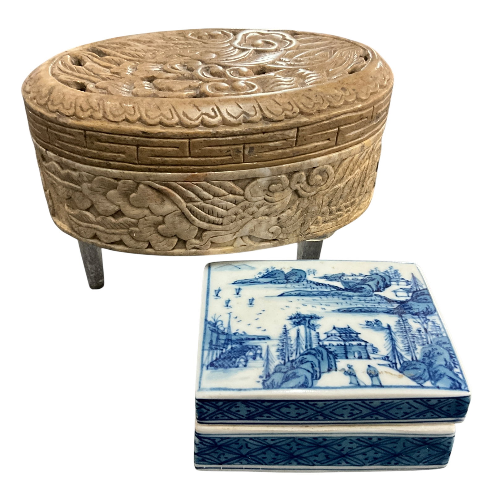 Lot of 2 Carved Stone Box and White porcelain tray: A carved stone lidded box and a blue and white porcelain tray.