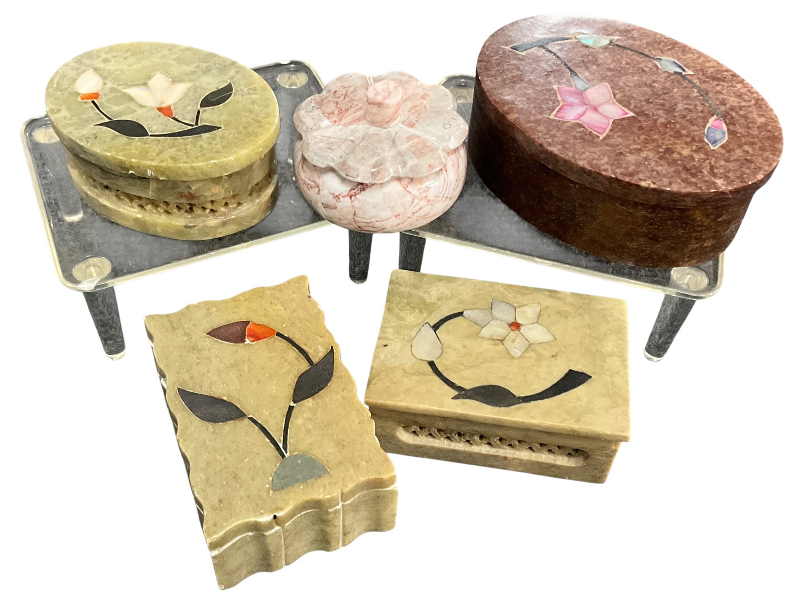 Collection of Stone 5 inlay Boxes and Trinket Containers: Carved Stone Boxes featuring floral inlay designs in semi-precious materials