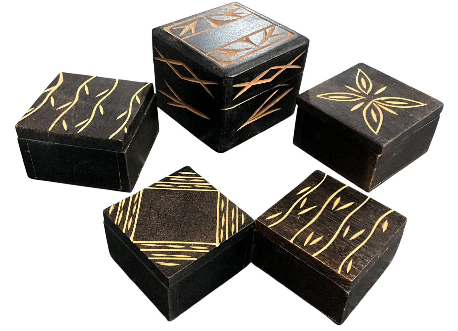 Group of 5 Carved Wood Trinket Boxes (1 of 5)