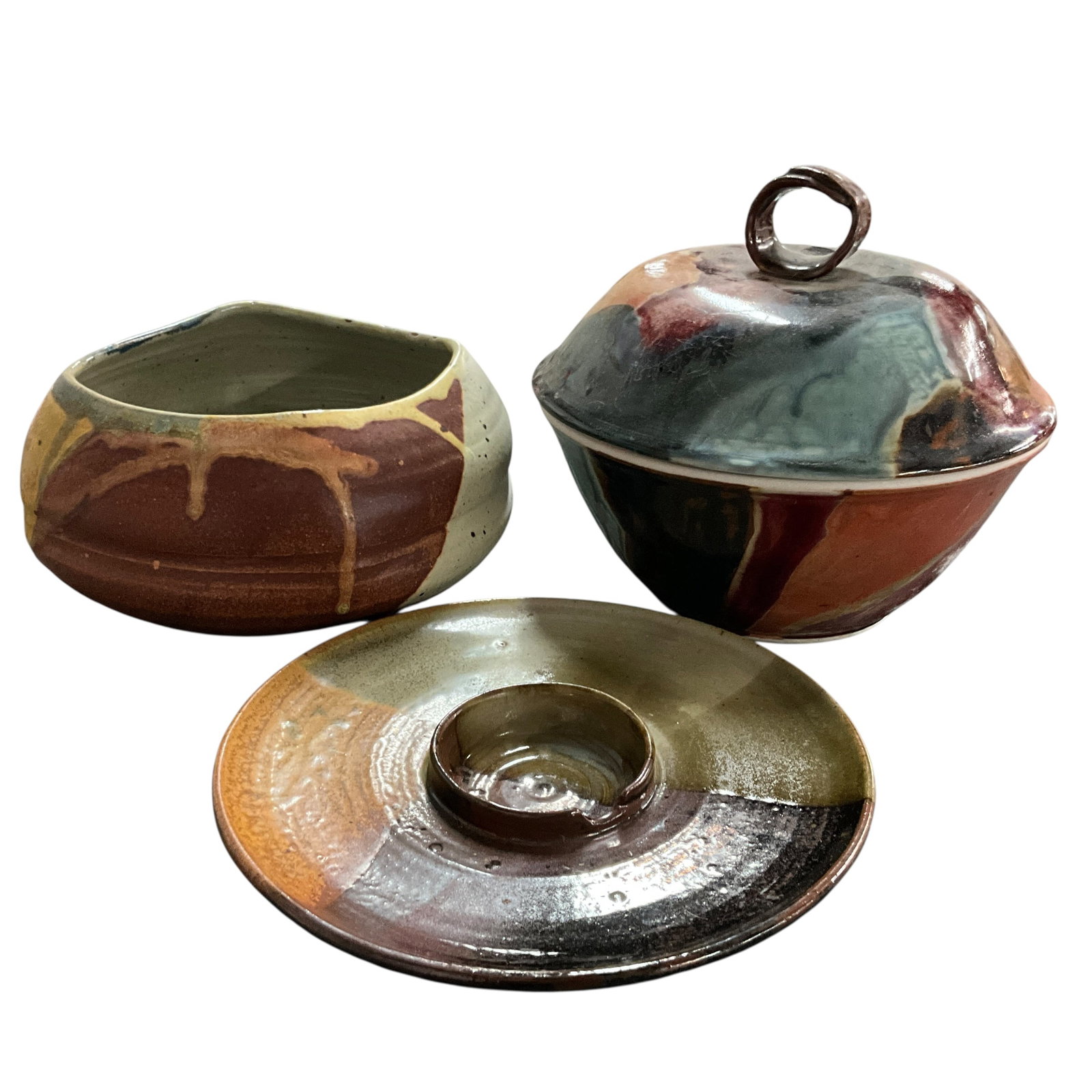 Studio Pottery Serving Pieces (3) – Lidded Dish, Bowl & Chip/Dip Platter (1 of 8)