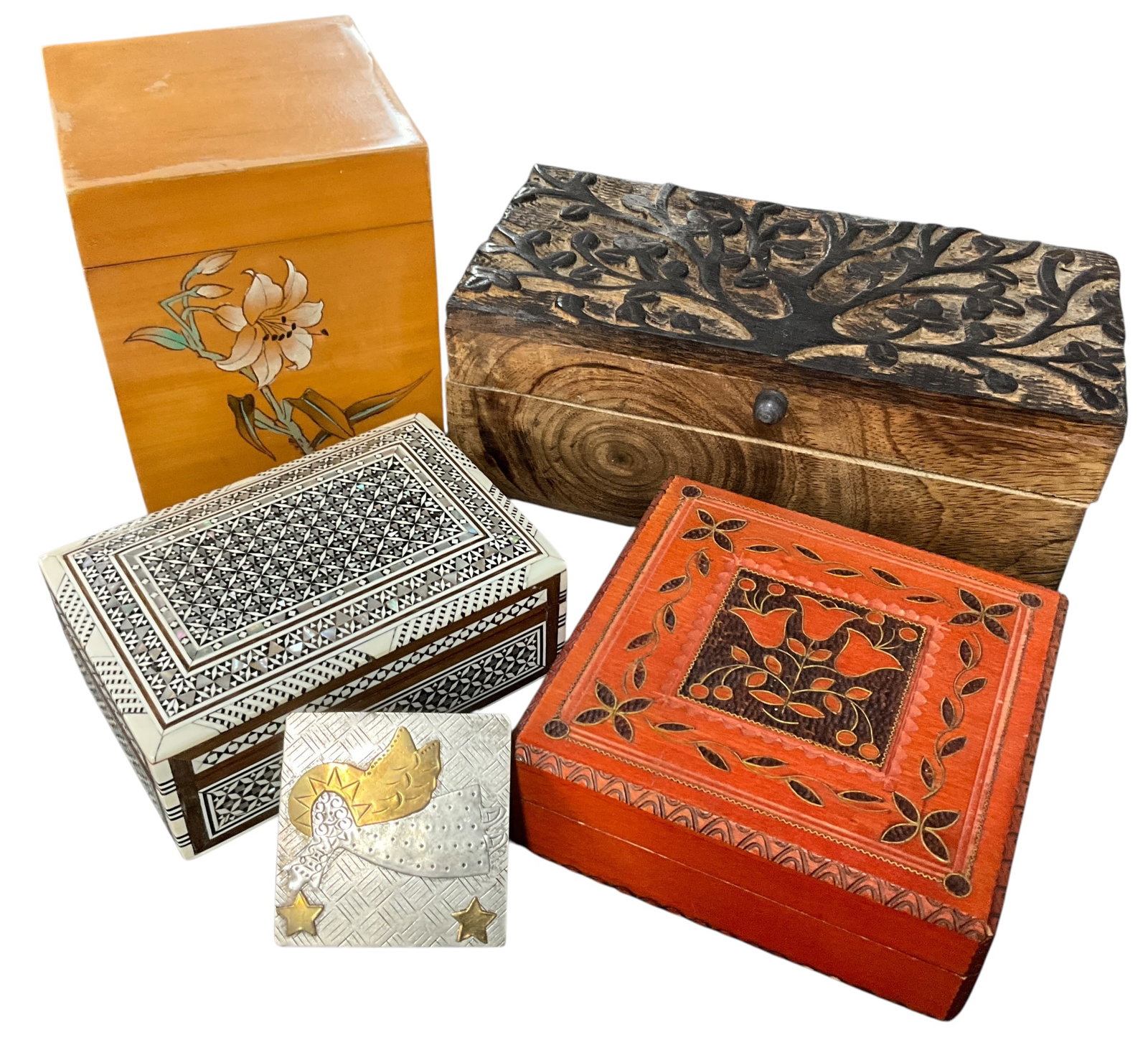 Mixed Decorative Boxes (5) – Inlay, Carved & Painted (1 of 8)