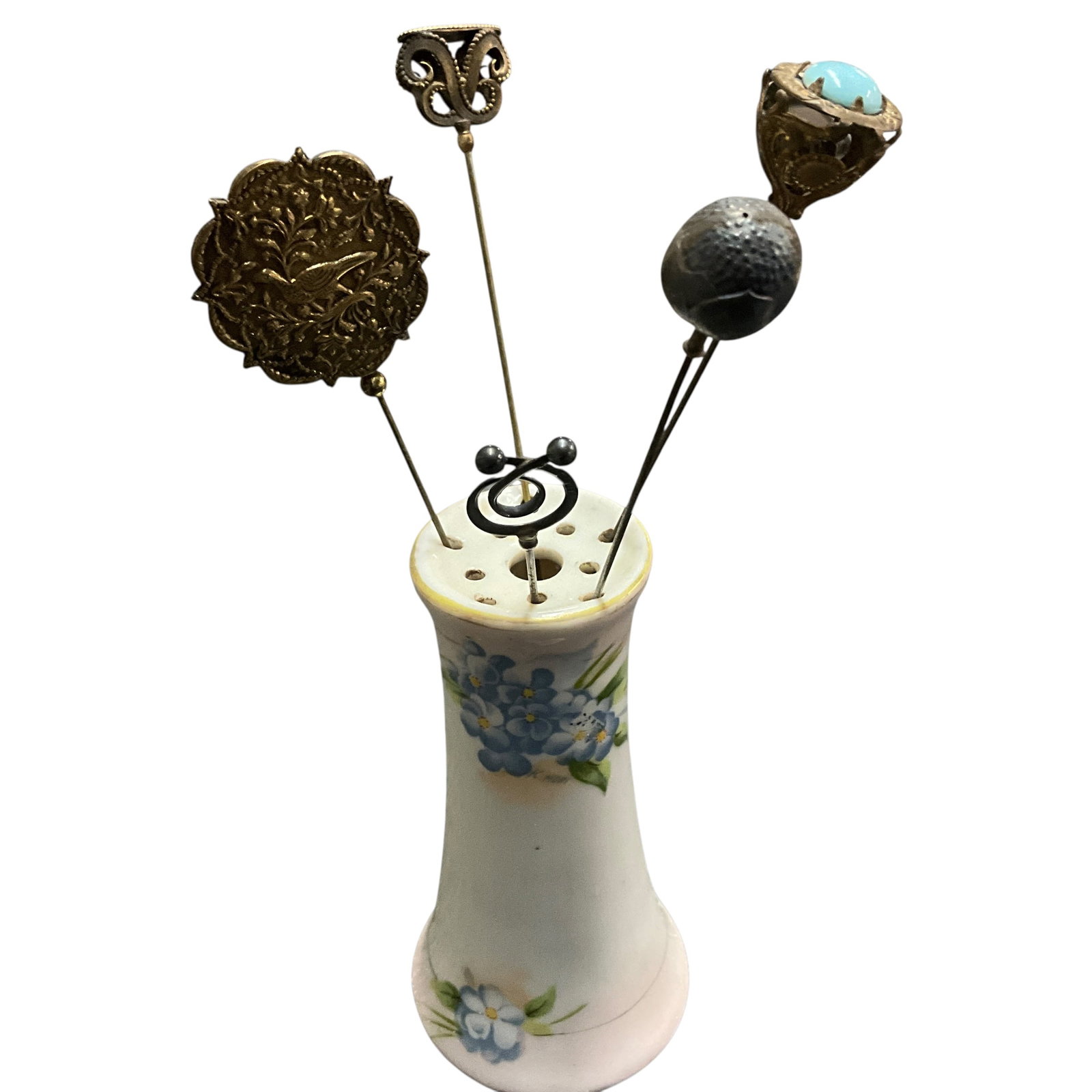 Vintage Porcelain Hatpin Holder with Assorted Hatpins (1 of 3)