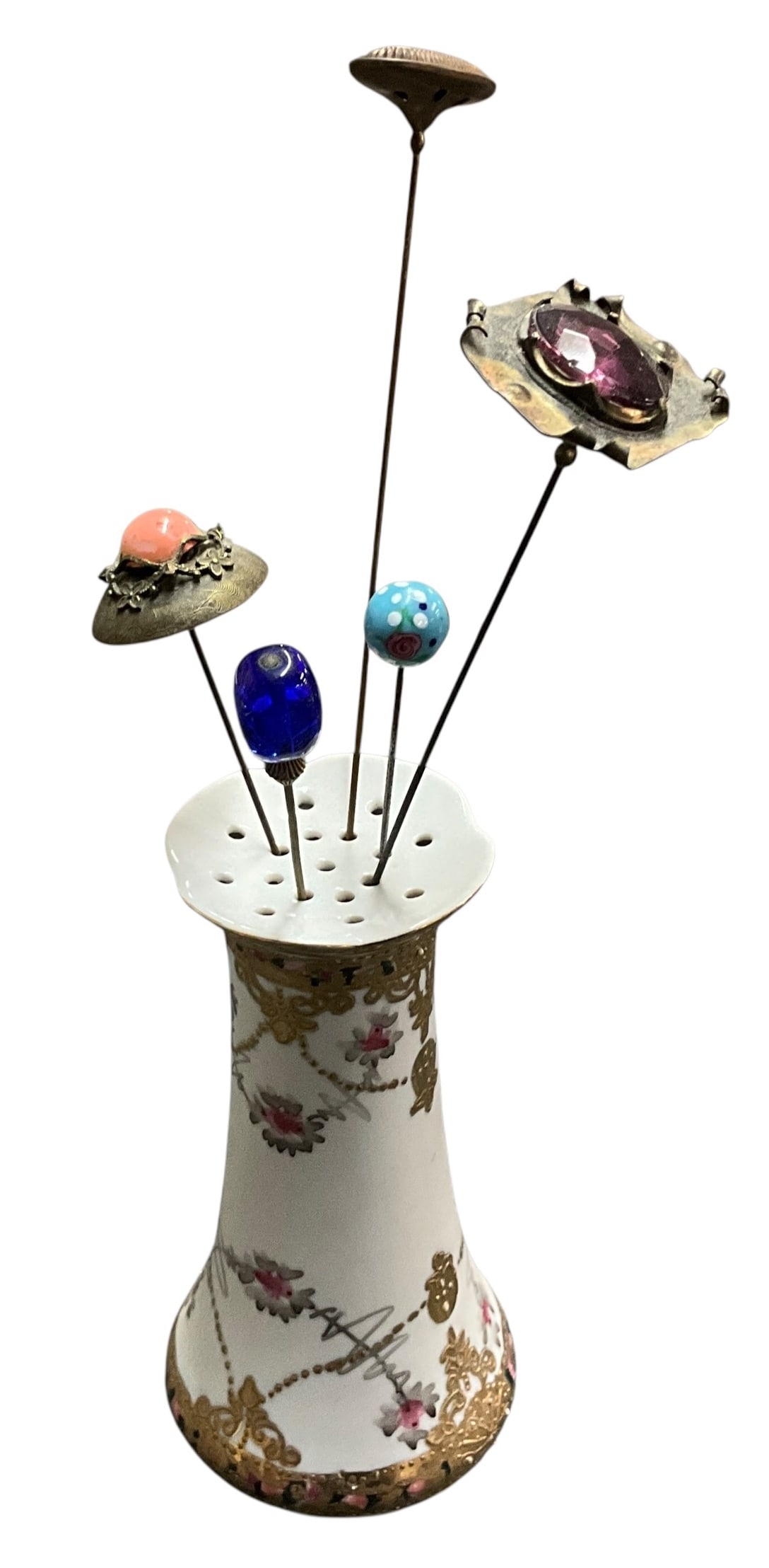 Vintage Porcelain Hatpin Holder with Assorted Hatpins (1 of 4)