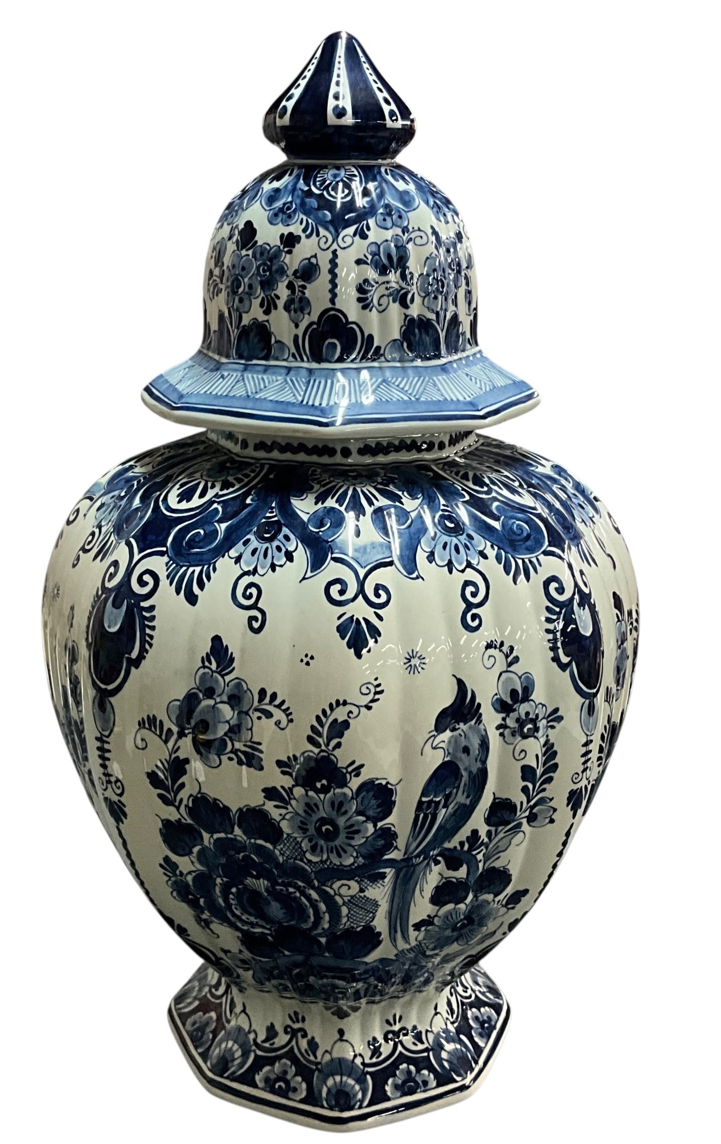Large Delft Blue & White Lidded Jar with Bird Motif (1 of 5)