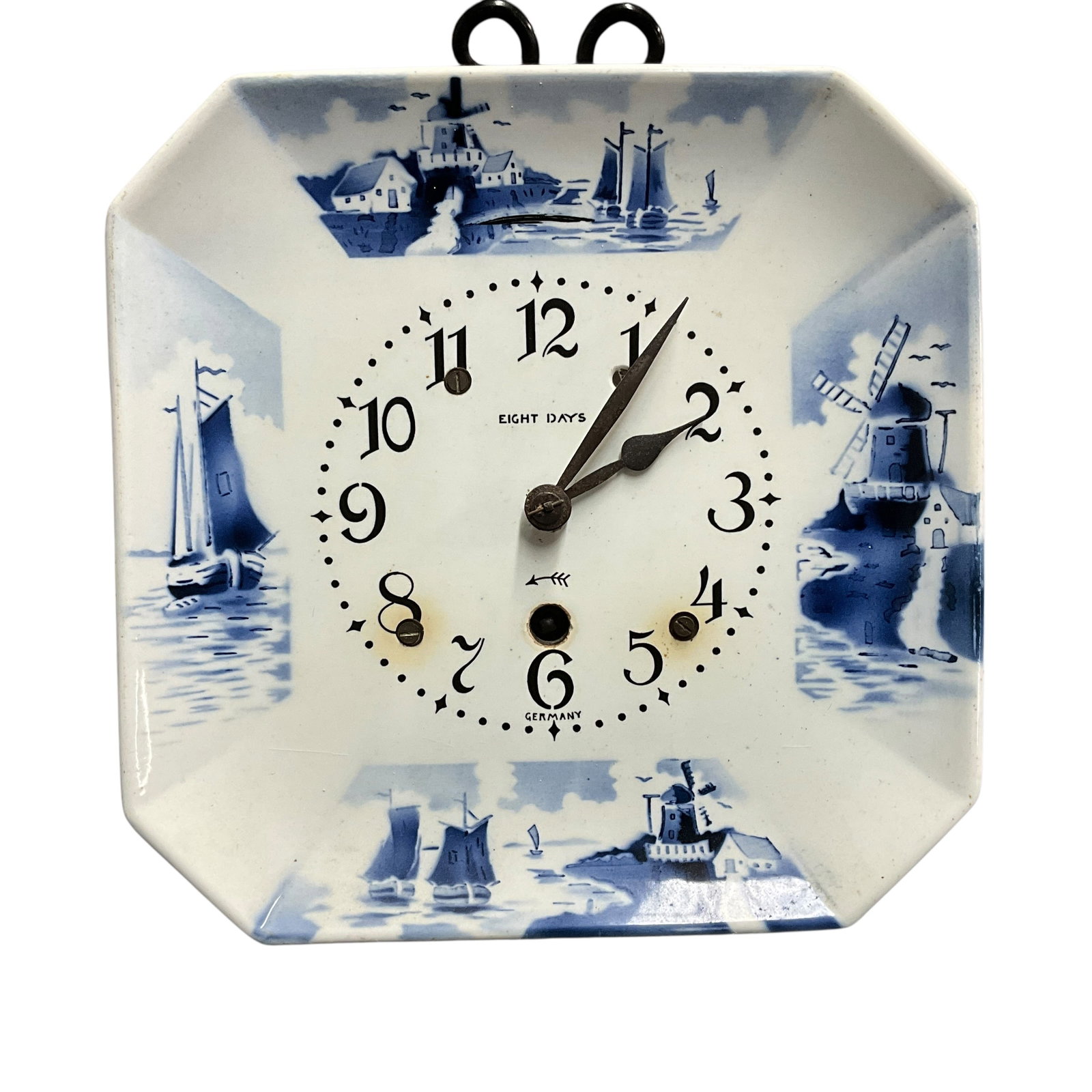German Delft Style Porcelain Wall Clock – Windmill Scene, 8 Day (1 of 4)