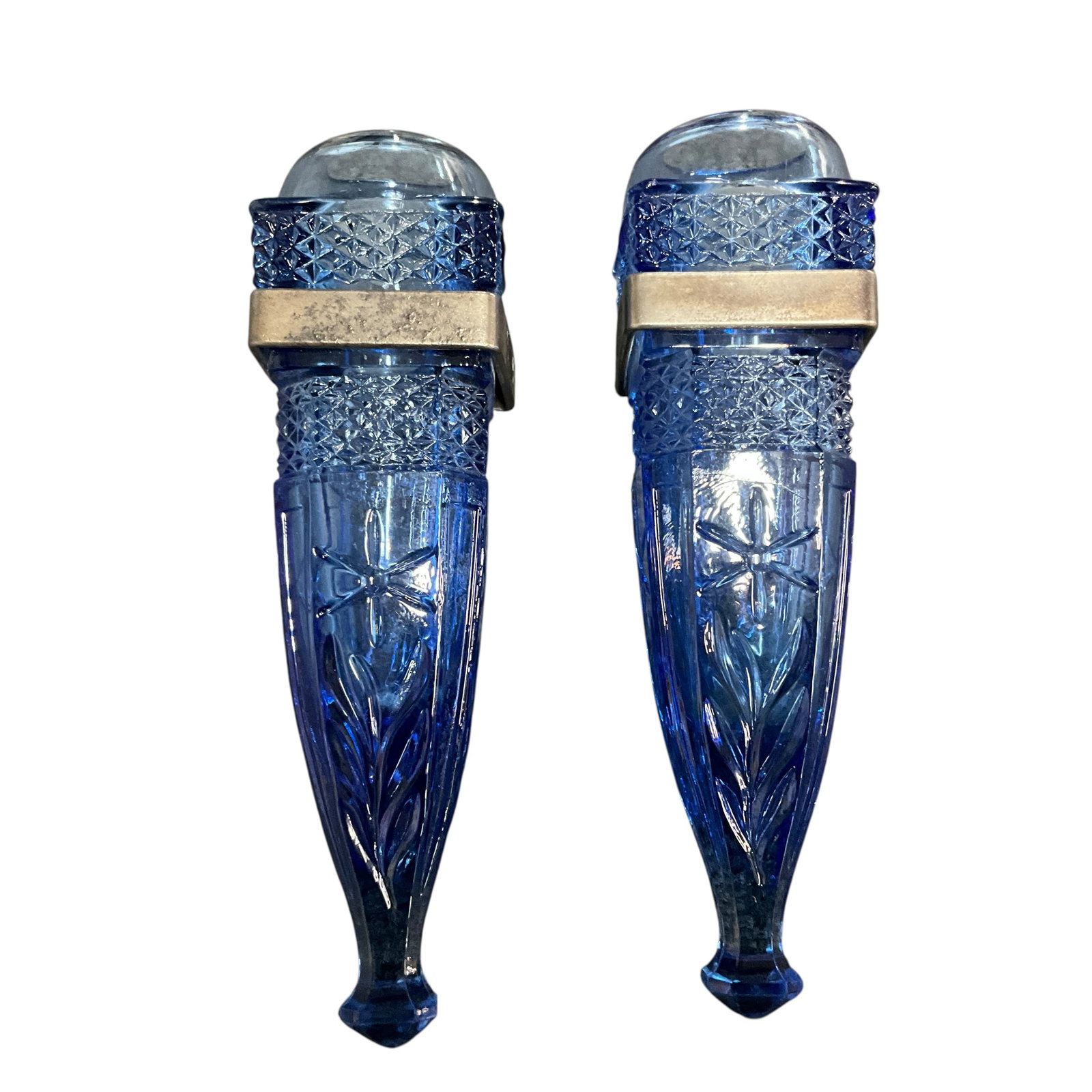 Pair of Antique Blue Glass Automotive Flower Vases (1 of 4)