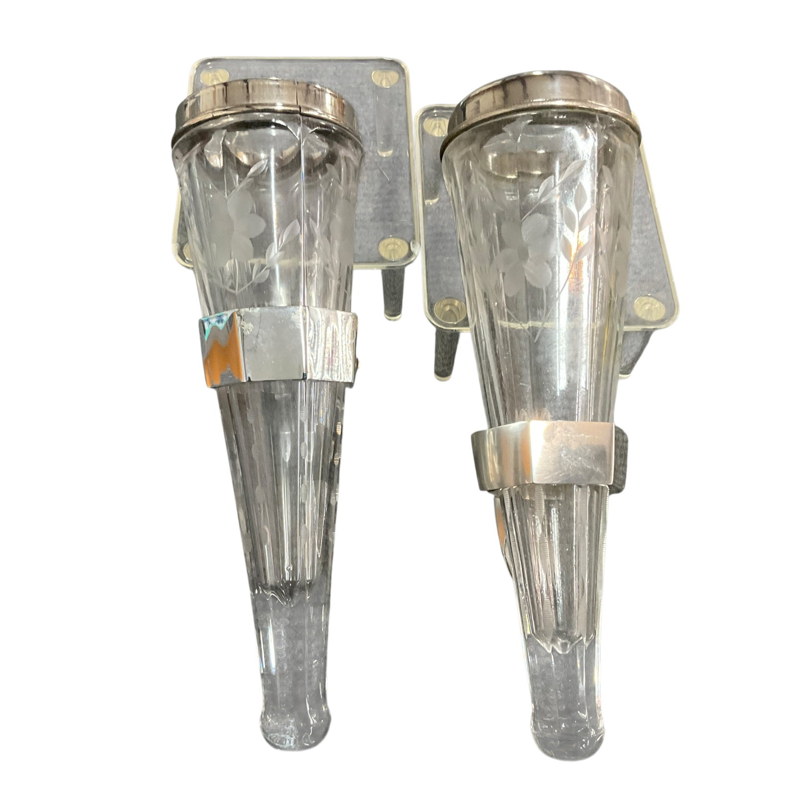 Pair of Antique Automotive Cut Glass Flower Vases with Mounting Brackets (1 of 3)
