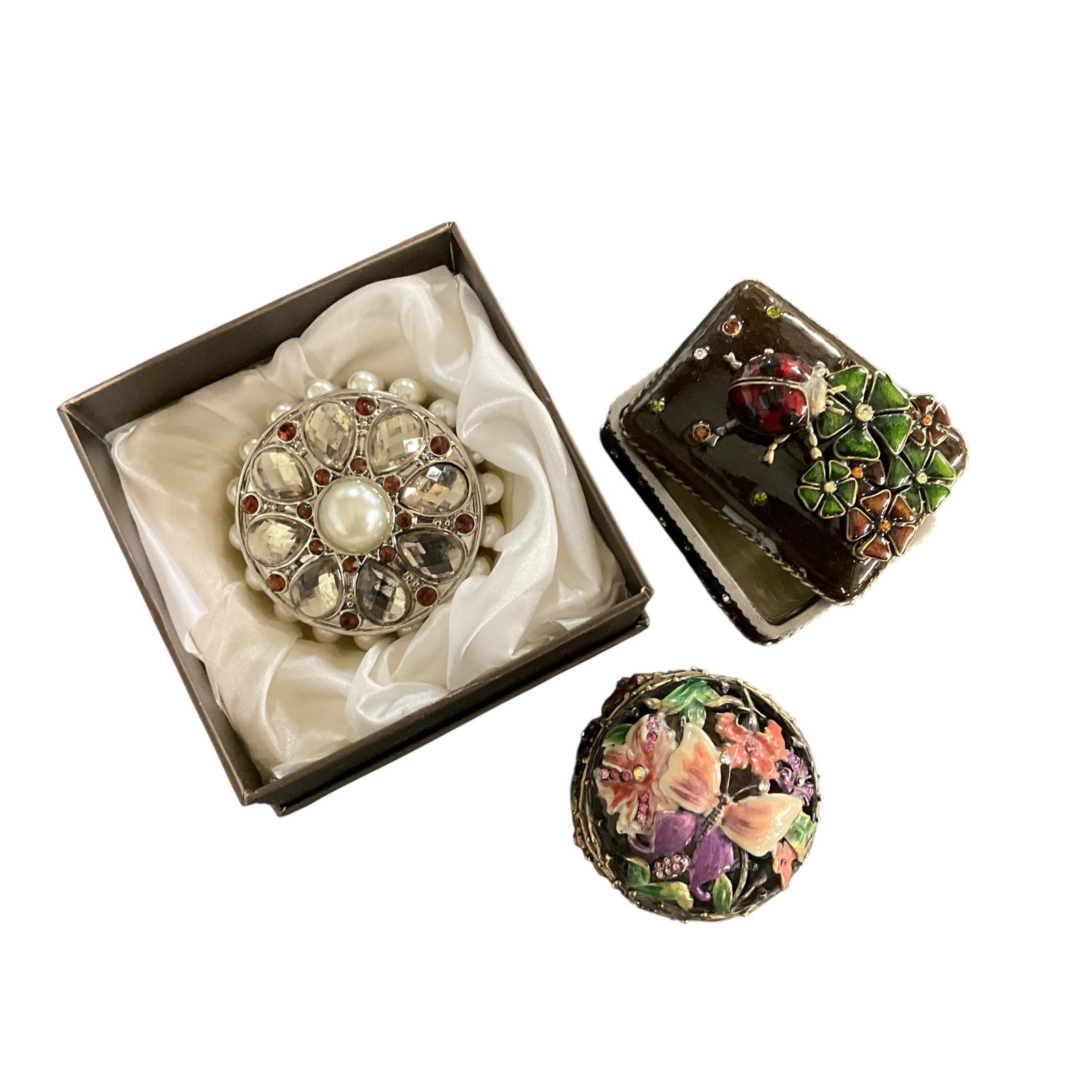 Group of Decorative Trinket Boxes and Gold Tone Pearl Ring (1 of 4)