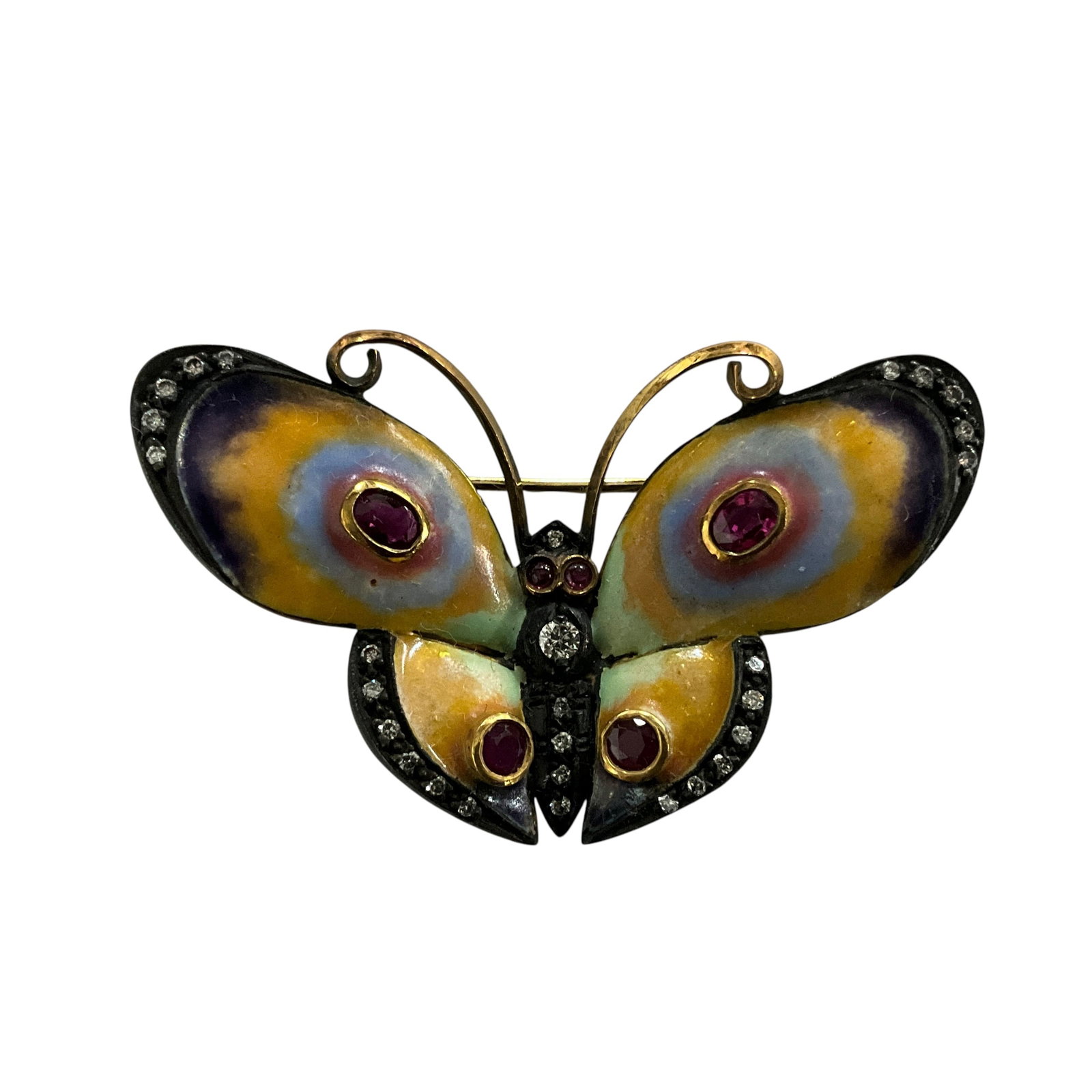 18K Gold Enamel Butterfly Brooch with Diamonds and Rubies (1 of 5)