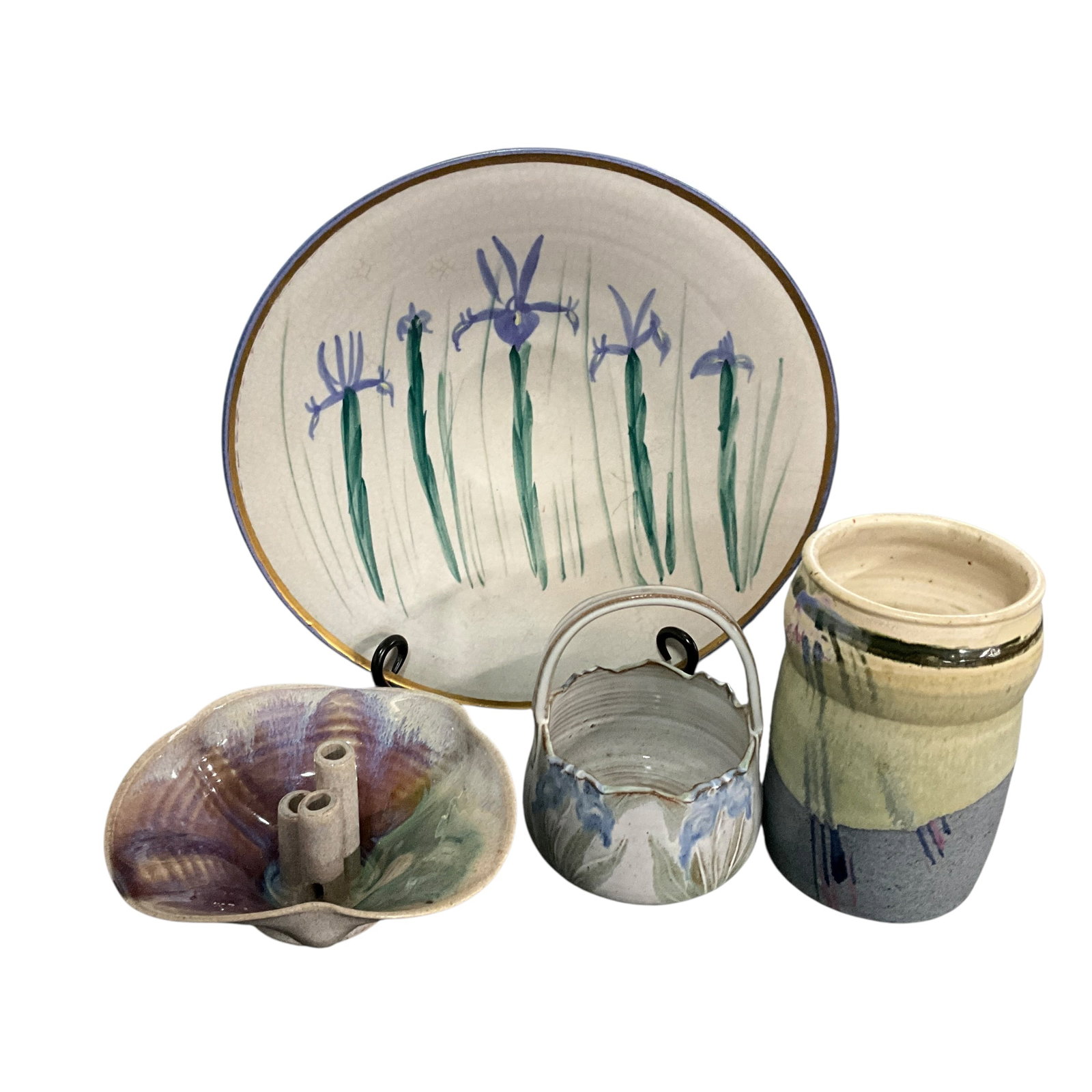 Art Pottery Group Including Hand-Painted Iris Plate and Studio Vessels: Collection of art pottery including iris plate, studio vessels, and flower frog bowl.