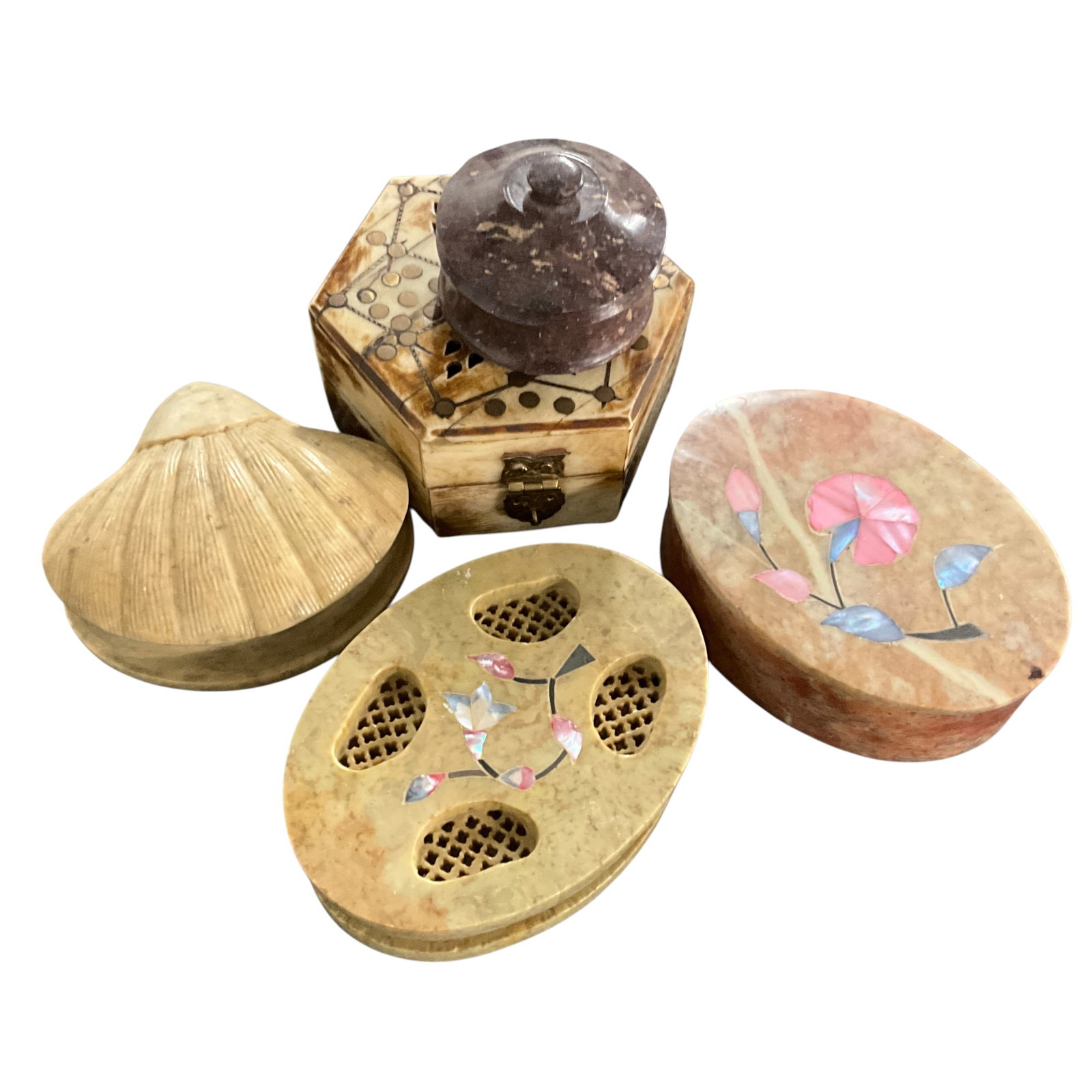 Collection of Decorative Stone & Marble Trinket Boxes with Inlay (1 of 6)