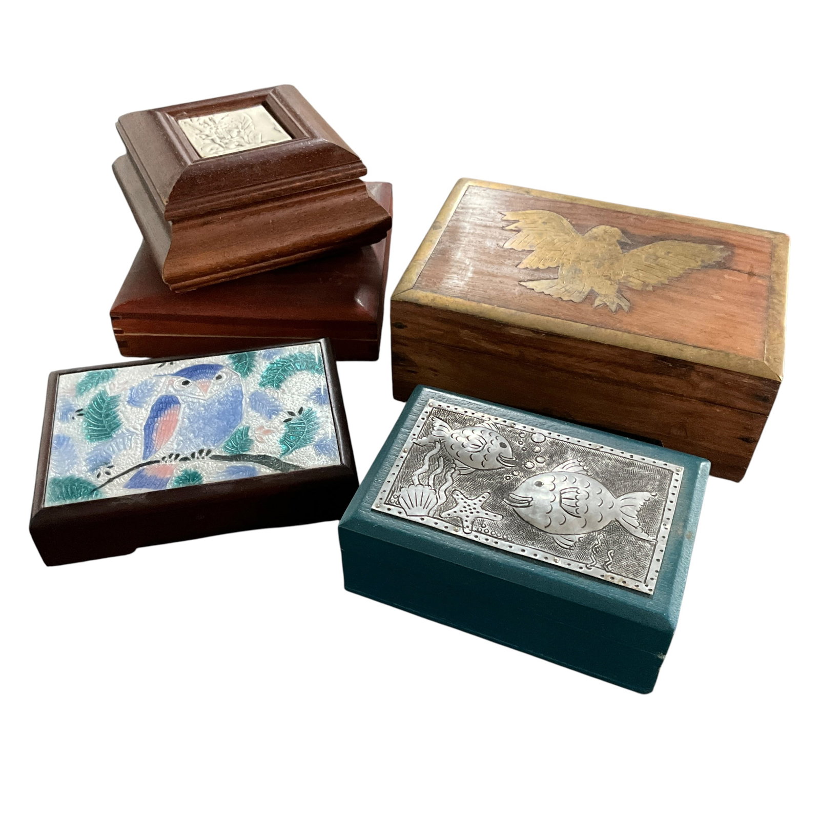 Group of Decorative Wooden Trinket Boxes with Inlaid & Relief Lid Designs (1 of 5)