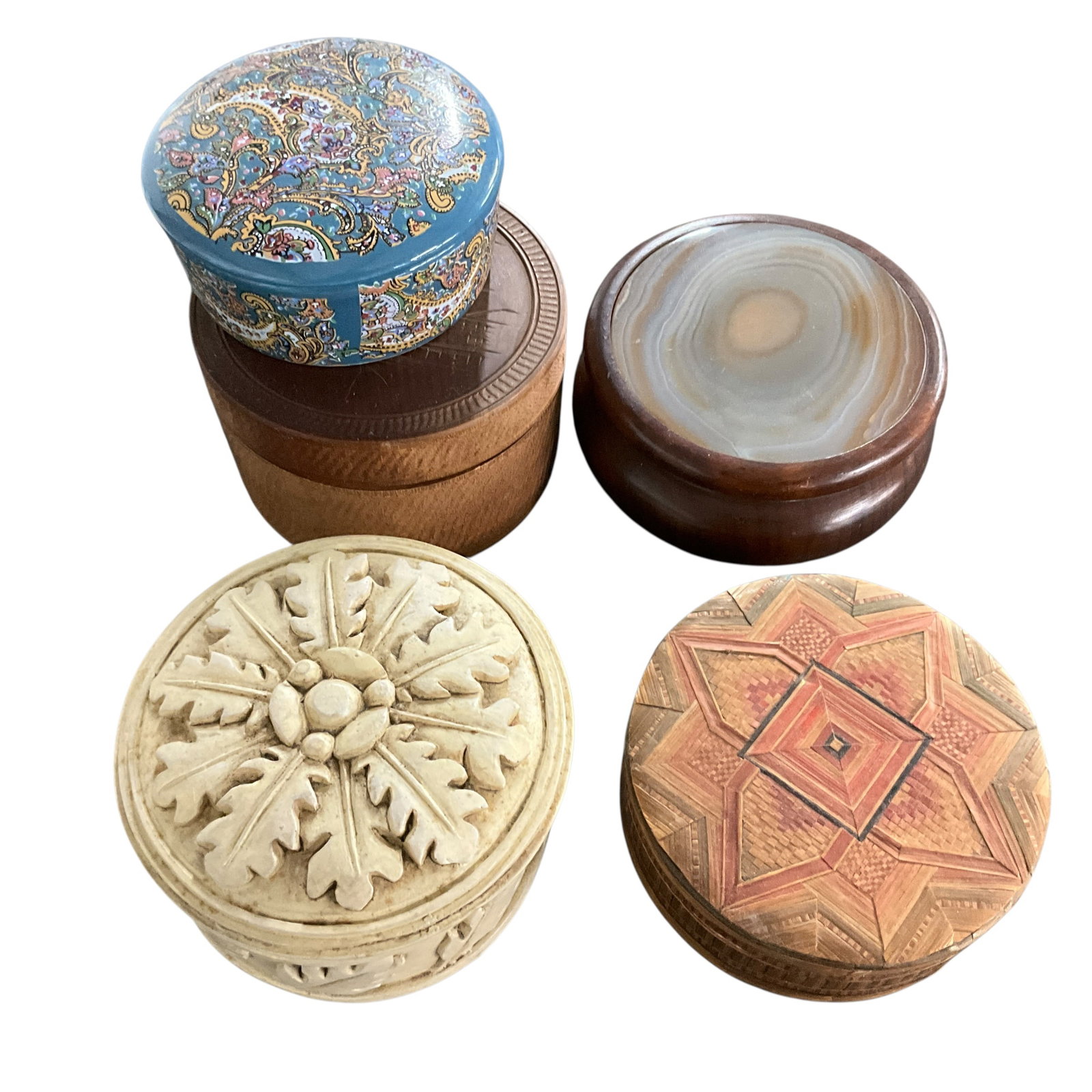 Group of Decorative Stone Wood & Ceramic Trinket Boxes with Carved and Inlaid Designs: Mixed material group including carved stone parquetry wood banded stone and ceramic paisley motif box.