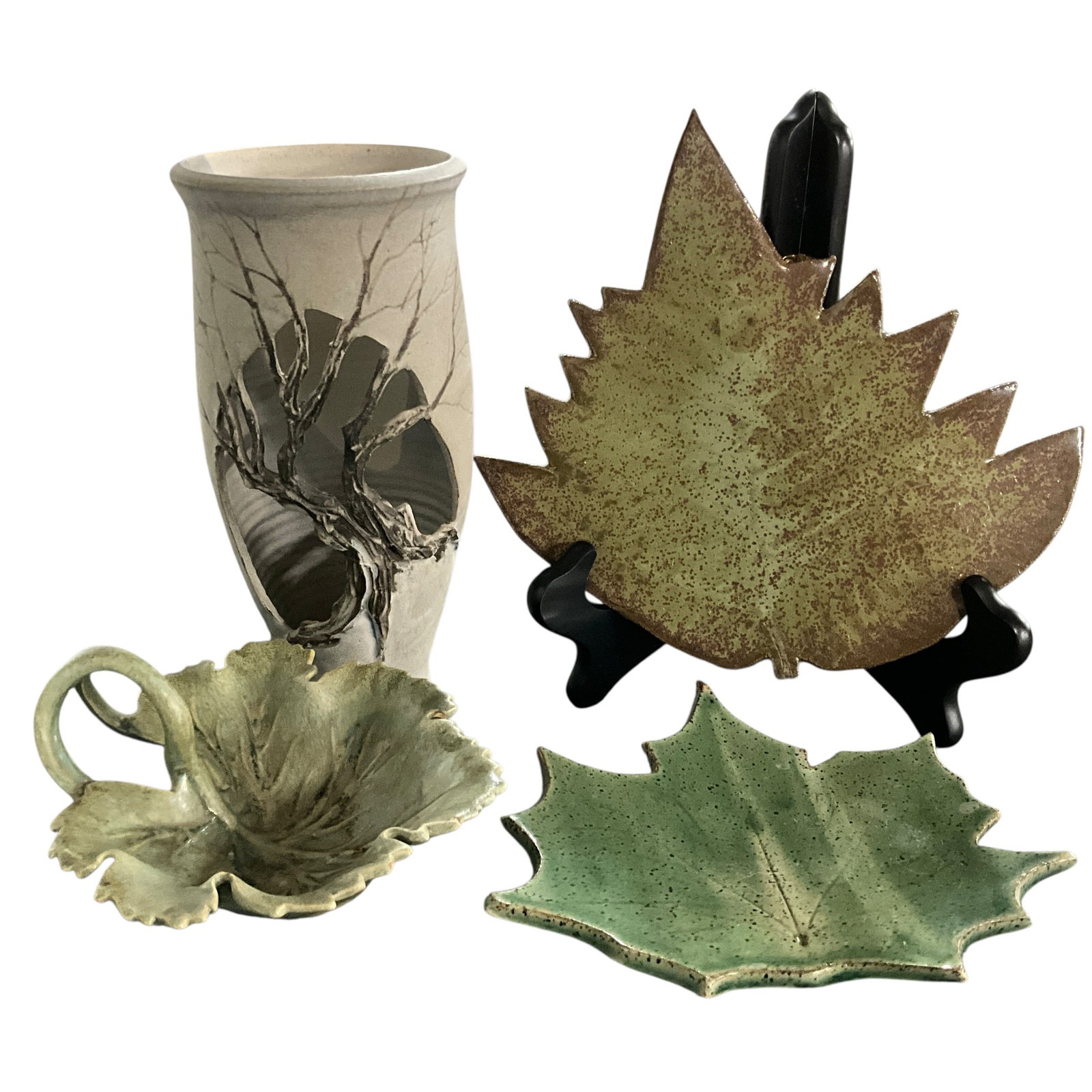 Studio Pottery & Metal Leaf Form Decor Including Pierced Tree Vase (1 of 7)