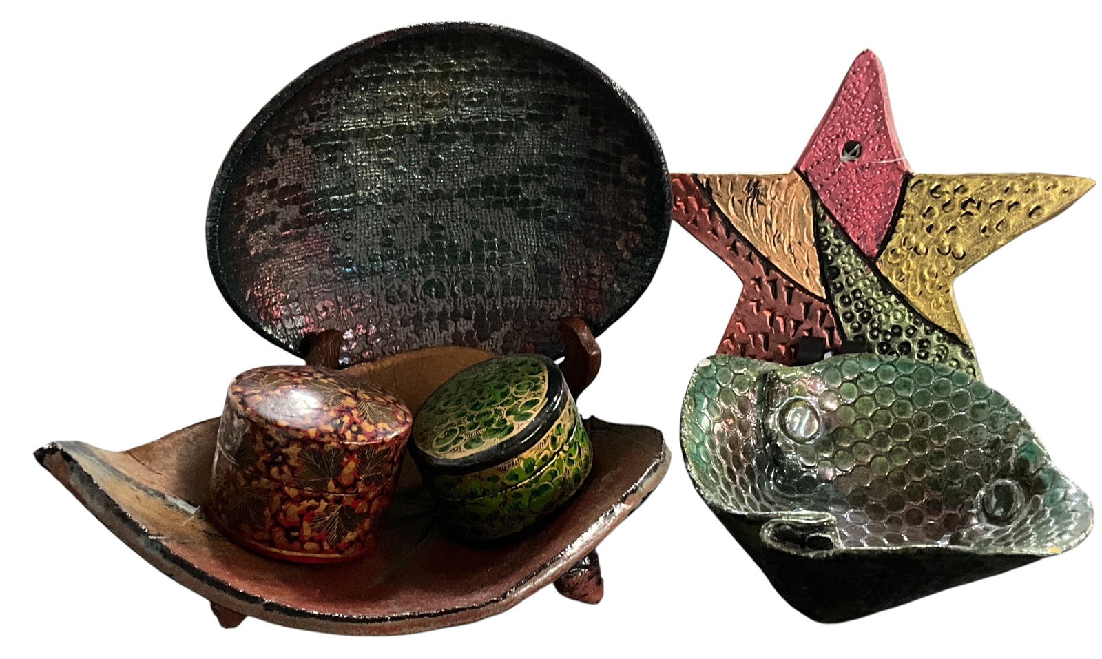 Studio Pottery & Decorative Metal Art Group Including Clay Cellar Dish and Leaf Forms (1 of 7)