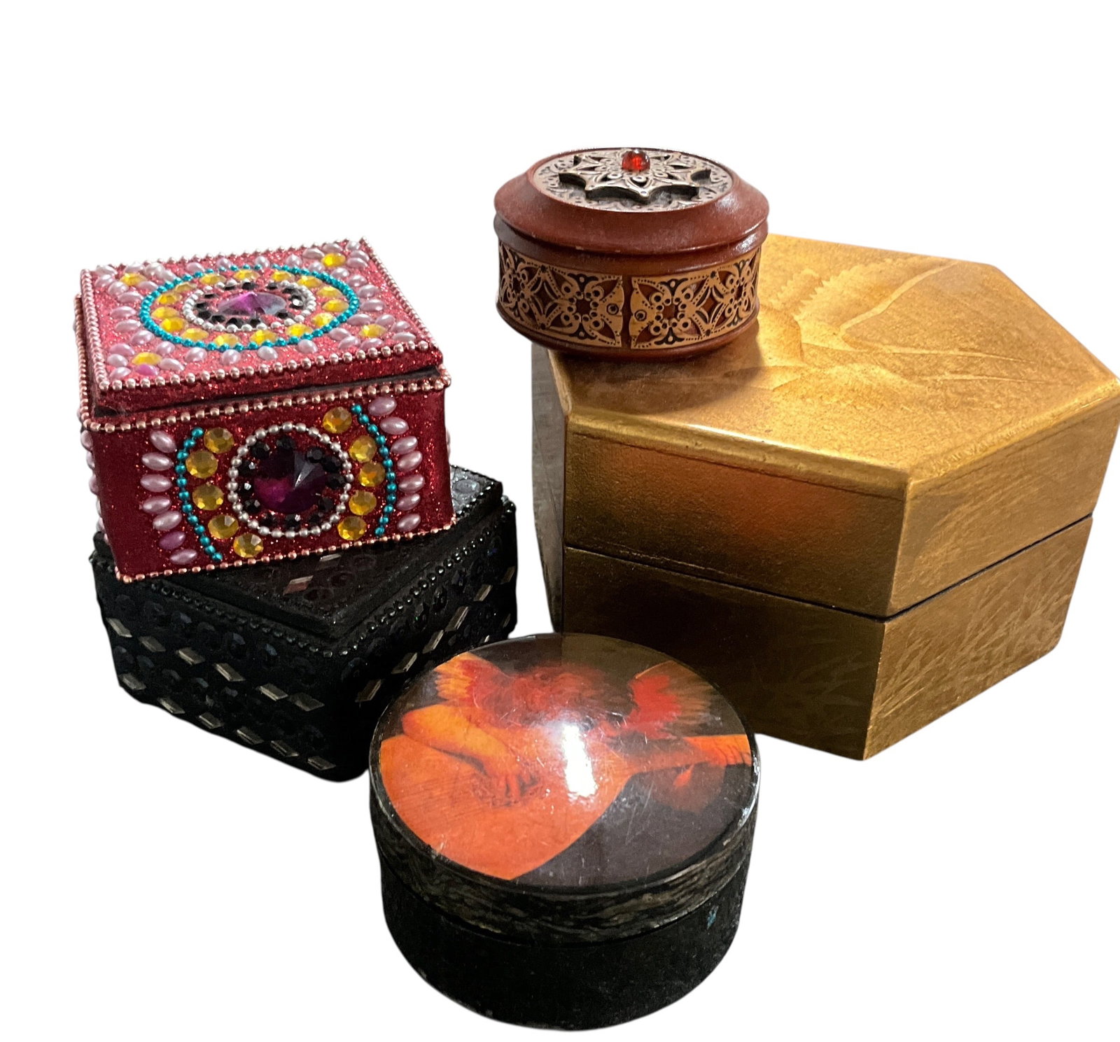 Decorative Trinket & Jewelry Box Collection Including Beaded Lacquered & Carved Wood Examples (1 of 5)