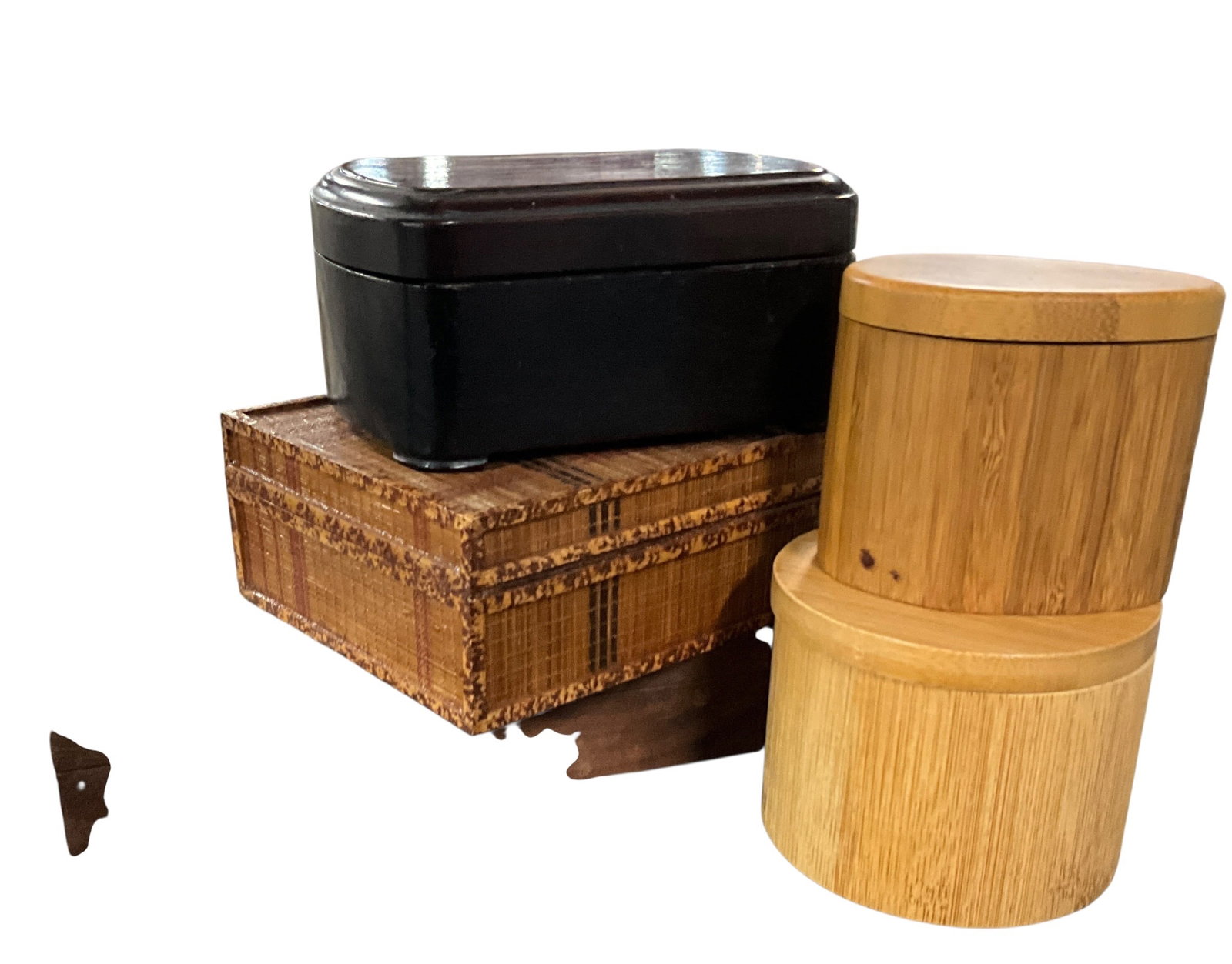 Collection of Wooden & Bamboo Storage Boxes Including Mosaic Inlay and Lidded Canisters: Group including bamboo canisters mosaic inlay box woven veneer and wood boxes.
