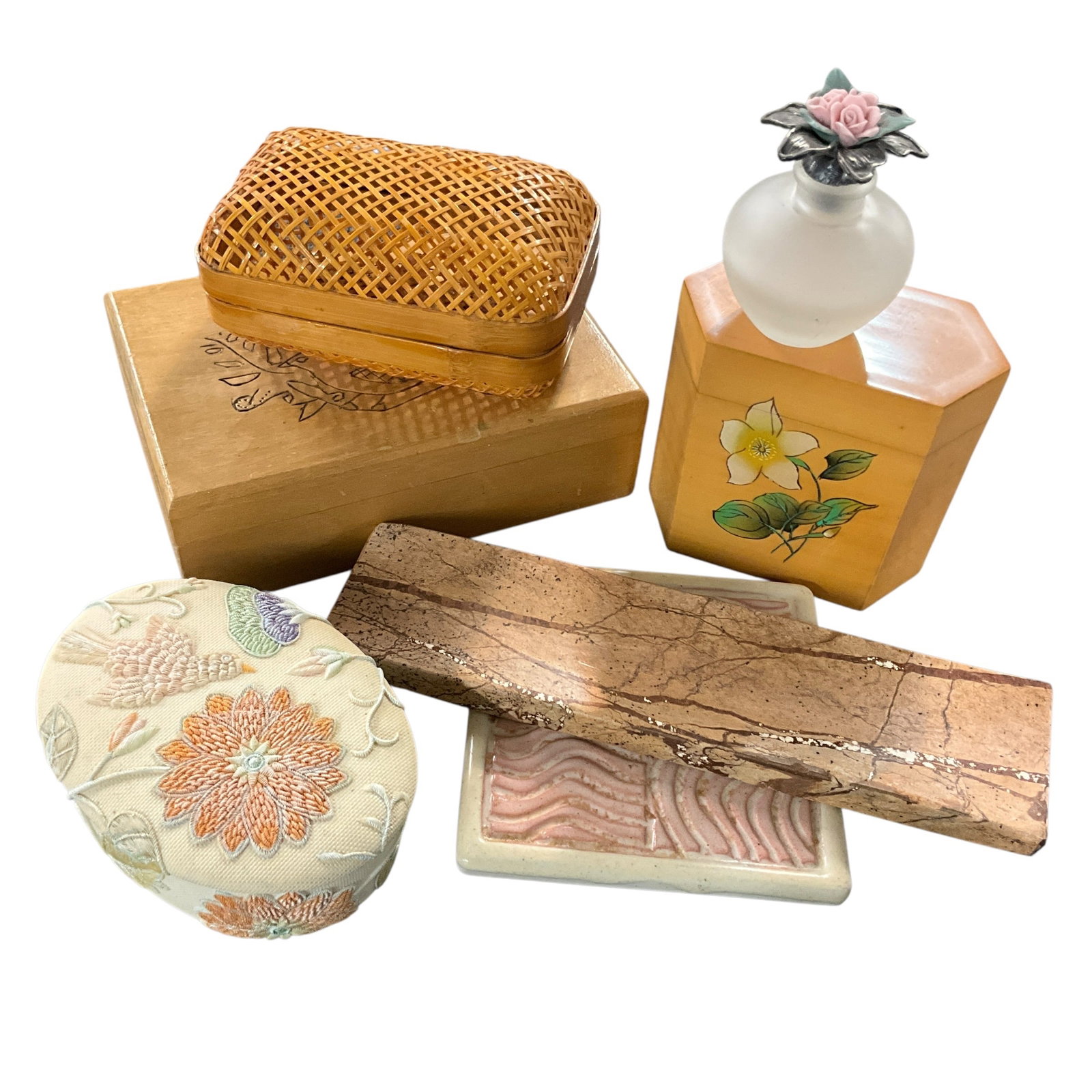 Assorted Decorative Boxes Trinket Cases & Stone Tray Including Bamboo and Floral Motif Pieces (1 of 5)