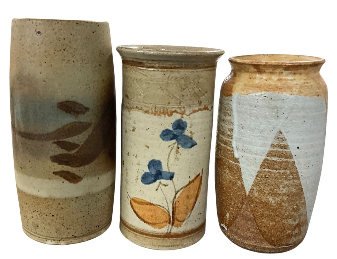 Set of Three Studio Pottery Vases Utensil Holders Handcrafted Stoneware (1 of 4)