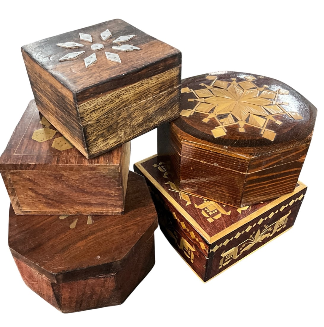Group of Decorative Wooden Inlaid Trinket Boxes, Including Russian Example (1 of 5)