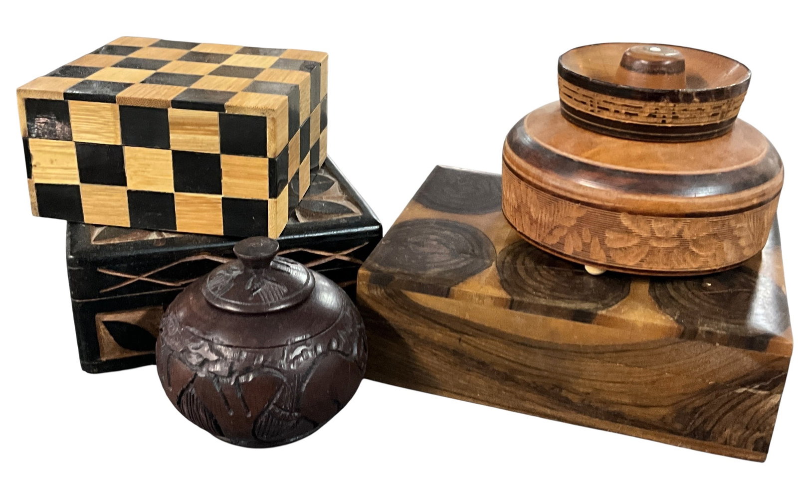 Group of Decorative Wooden Boxes Including Inlaid, Carved & Turned Examples (1 of 5)