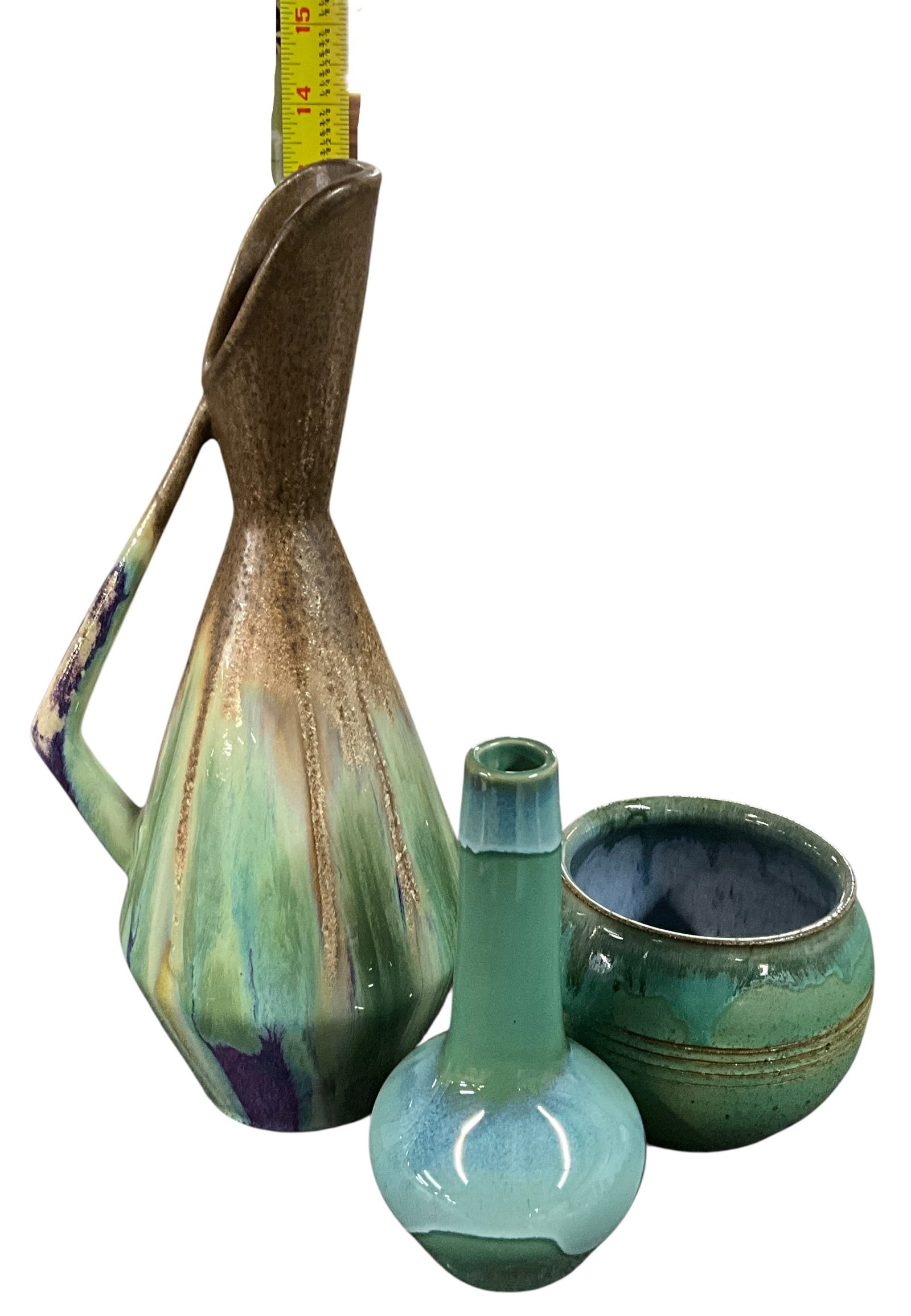 Art Pottery Group Including Handled Ewer, Vase & Bowl in Green/Blue Glazes: Three-piece art pottery grouping featuring a sculptural handled ewer, a small bottle-form vase, and a rounded bowl. Each piece displays attractive studio-style glazes in shades of green, blue, and ear