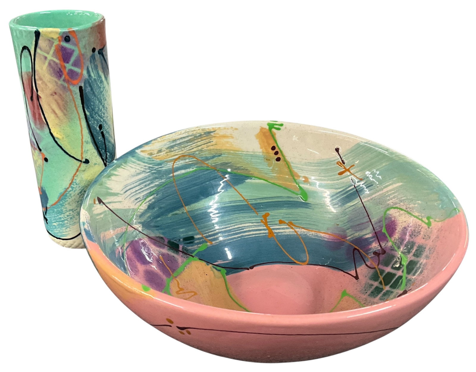 Signed Studio Pottery Bowl & Tall Vase with Abstract Multicolor Decoration: Two-piece studio art pottery grouping including a large shallow bowl and a tall cylindrical vase, both decorated with vibrant abstract designs. Features layered glazes in pastel and bold tones with ex