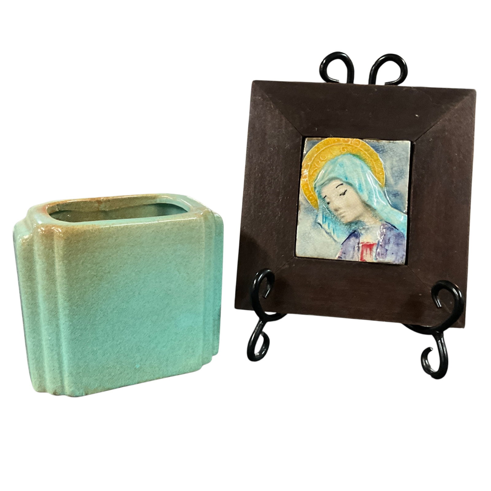 Italian Ceramic Plaque of Madonna & Art Deco Pottery Vase: Decorative grouping featuring a framed ceramic plaque depicting the Madonna with halo, housed in a wooden frame with easel display, along with an Art Deco green glazed art pottery vase from Artistic P