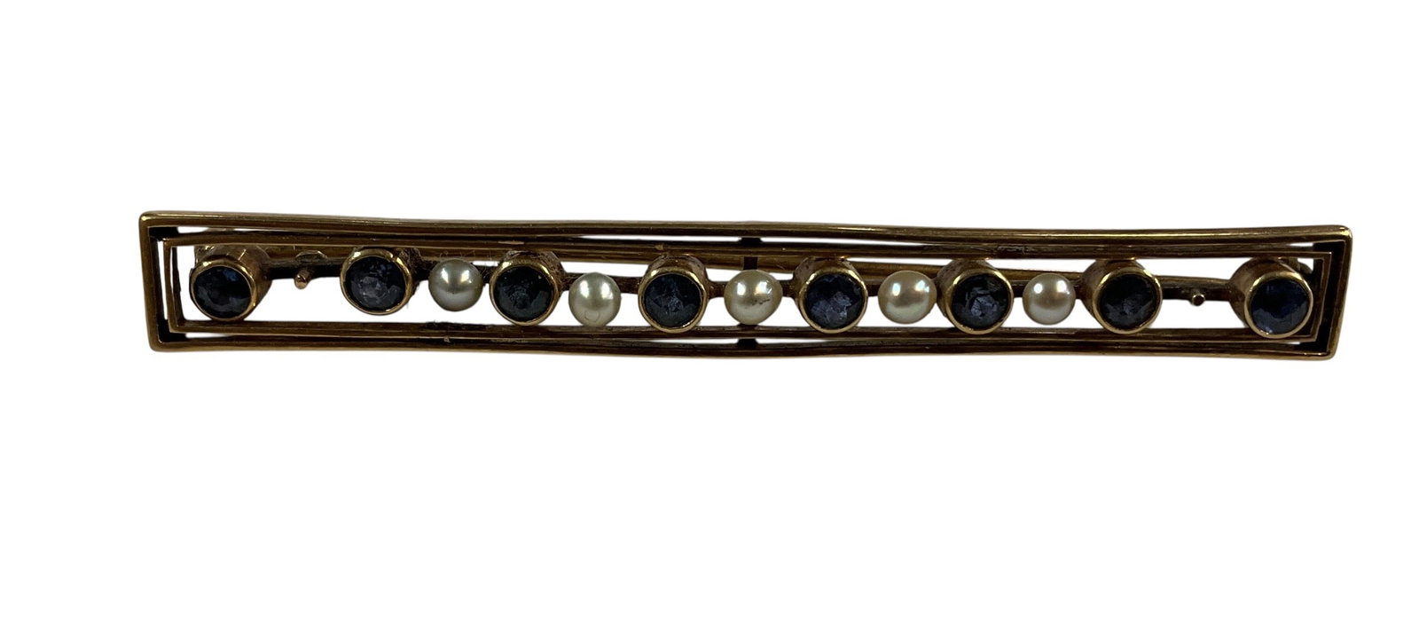 Vintage 14K Gold Bar Brooch with Blue Topaz and Seed Pearls: Refined vintage bar brooch crafted in 14K gold, featuring an elegant linear design set with alternating blue topaz stones and seed pearls. The openwork double-bar frame highlights the evenly spaced ge