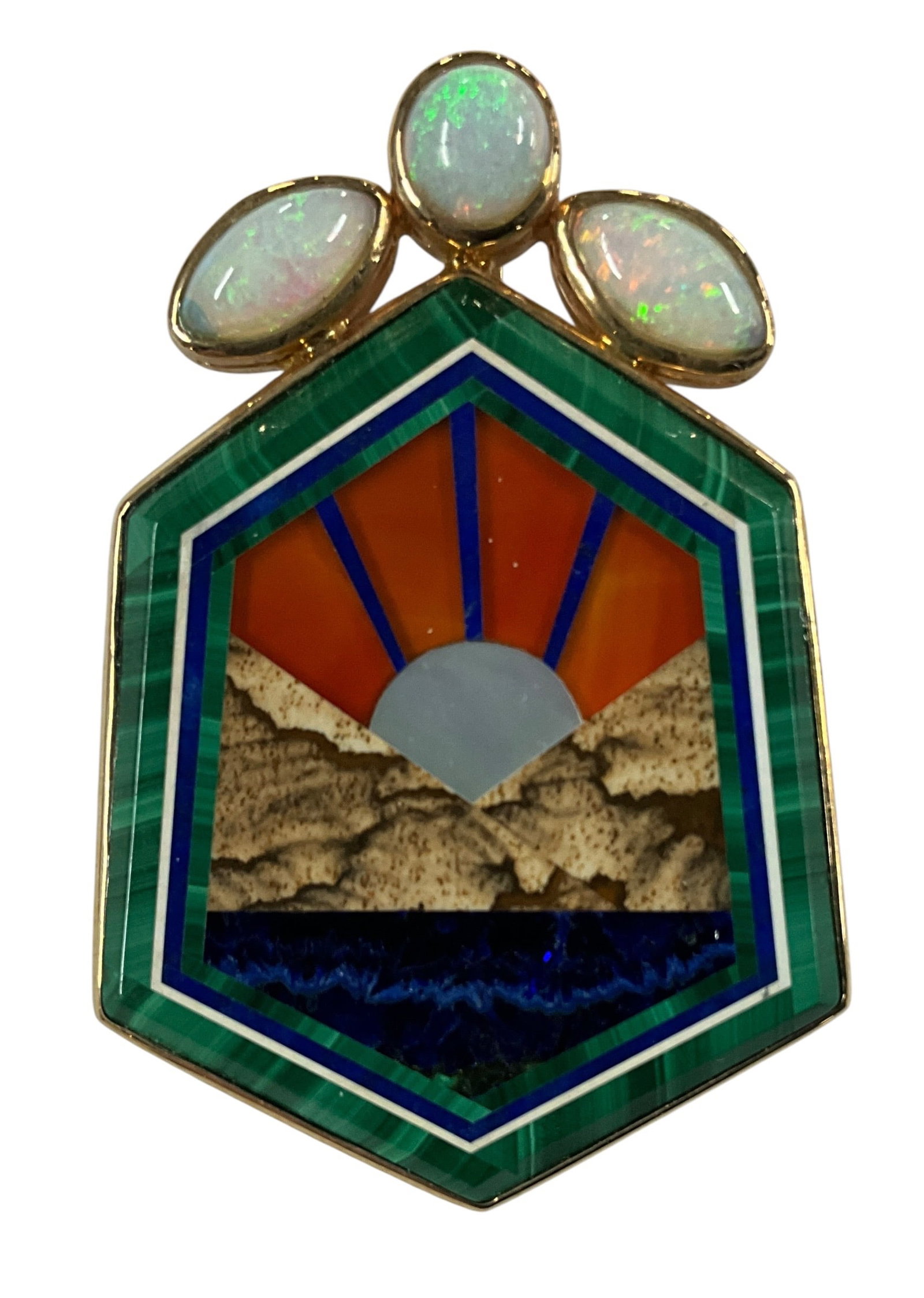 14K Gold Inlaid Pendant with Opals, Malachite, and Multi-Stone Landscape Design: Striking 14K gold pendant featuring an intricate inlaid landscape design composed of multiple natural stones. The scene depicts a stylized desert sunrise with malachite border, lapis lazuli base, and 