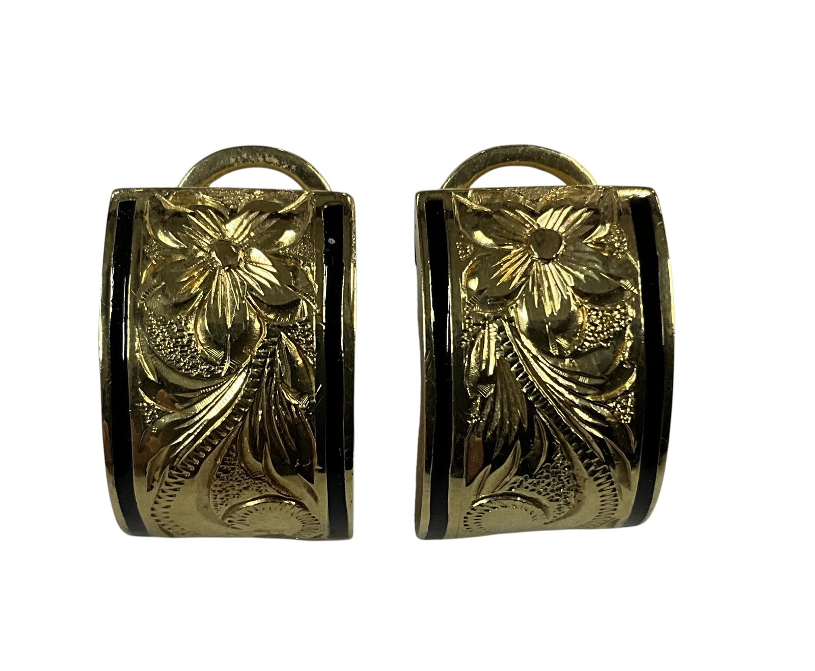Pair of 14K Yellow Gold Engraved Hoop Earrings with Black Inlay: Stylish pair of 14K yellow gold hoop earrings featuring a bold rectangular profile with detailed engraved floral and foliate designs. Each earring is accented with black enamel or onyx-style inlay alo