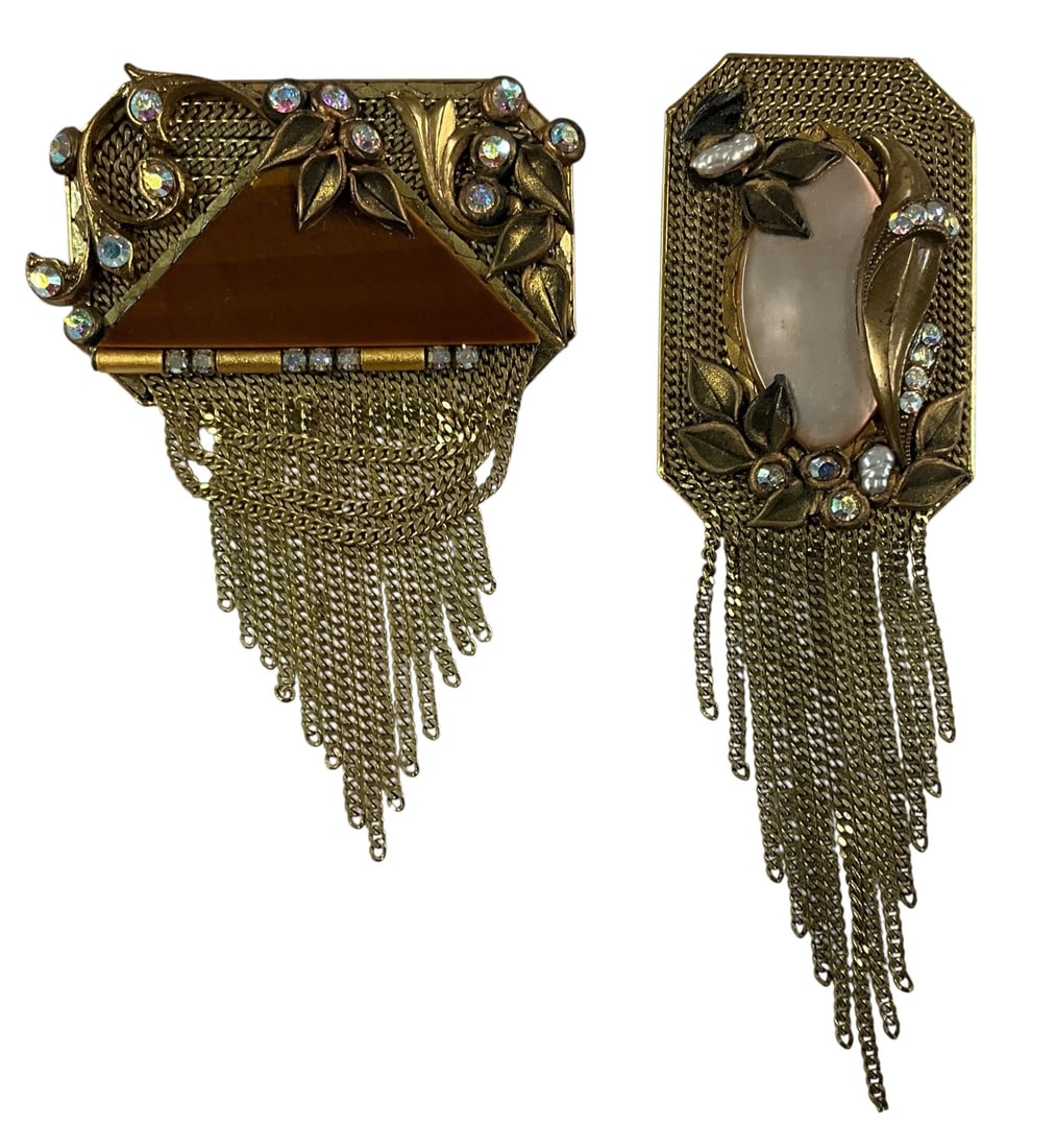 Marena Art Deco Revival Brooch/Pendant Set with Chain Fringe – Germany: Striking Marena Art Deco Revival jewelry set including a brooch and matching pendant, both featuring ornate gilt metal construction with dramatic chain fringe drops. Both pieces are configured to wear