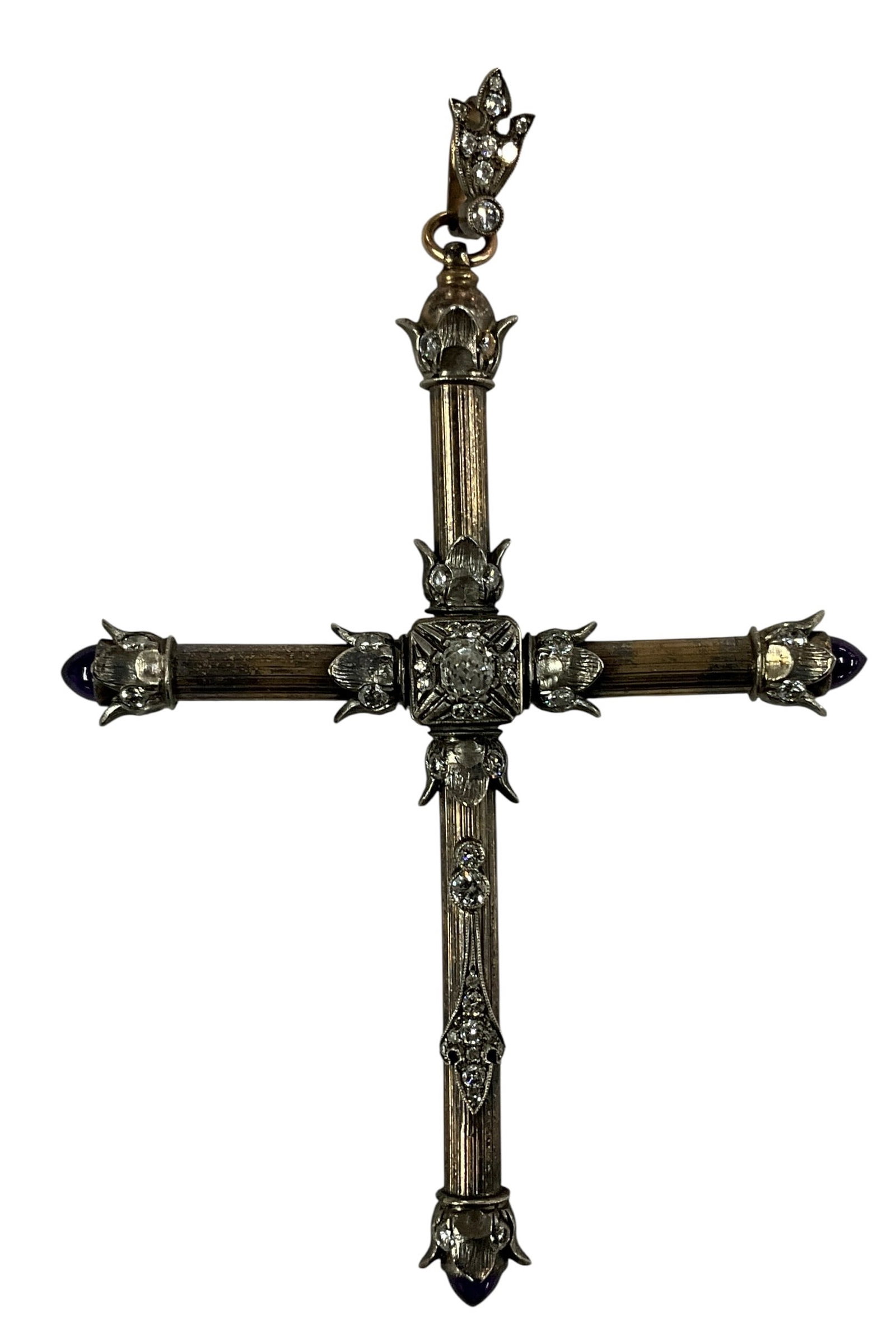 Large Antique 14K Gold Diamond & Amethyst Cross Pendant: Impressive antique cross pendant crafted in 14 karat gold (BE AWARE-No hallmark, scratch tested) featuring an ornate and dimensional design with fine detailing throughout. The cross is set with numero