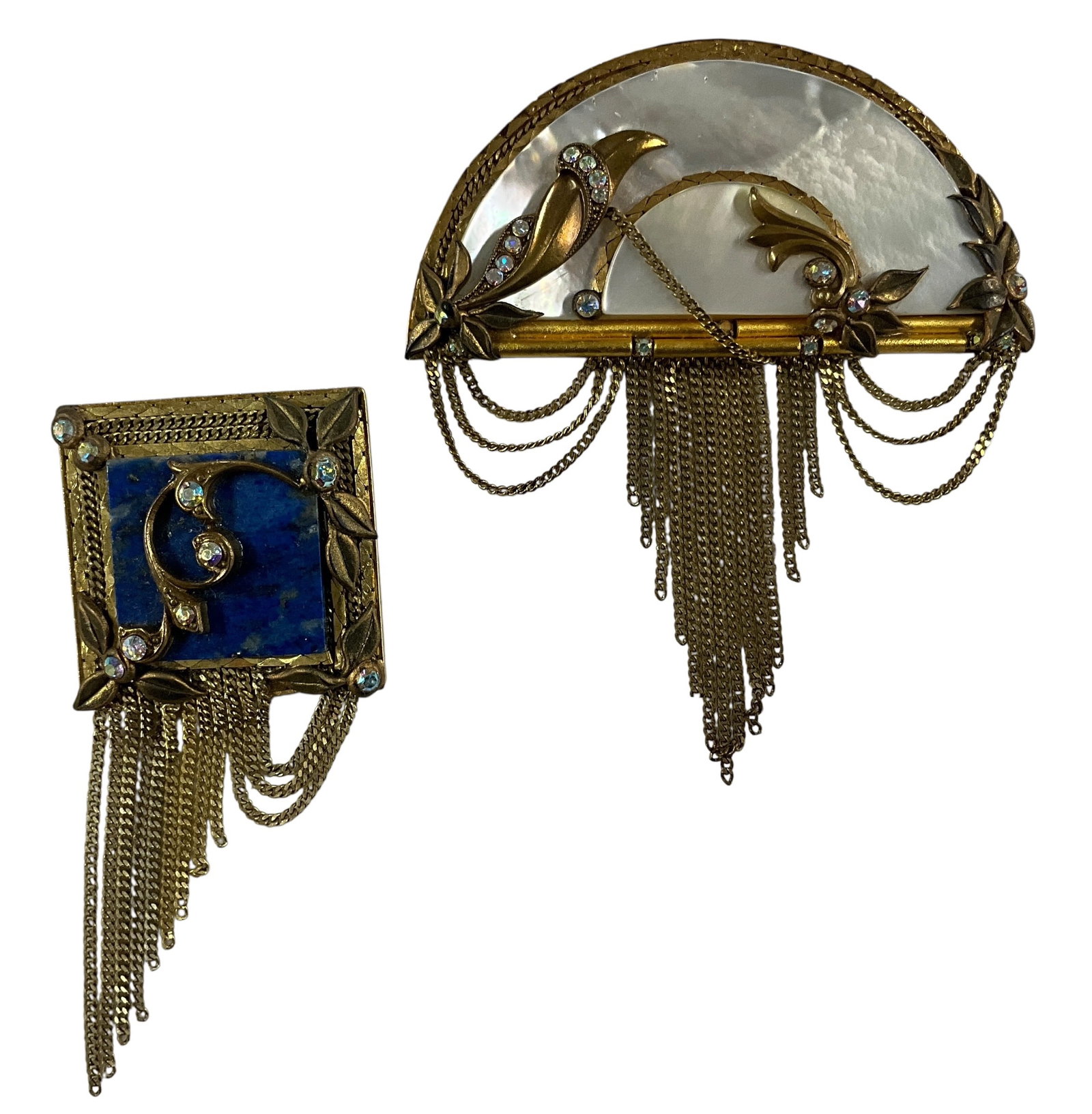 Marena Art Deco Revival Pendant/Brooches (2) with Lapis & Mother-of-Pearl, Chain Fringe – Germany: Pair of Marena pendant/brooches including rectangular lapis example and large semicircular mother-of-pearl example with layered chain fringe and rhinestone accents. Both pieces are configured to wear 