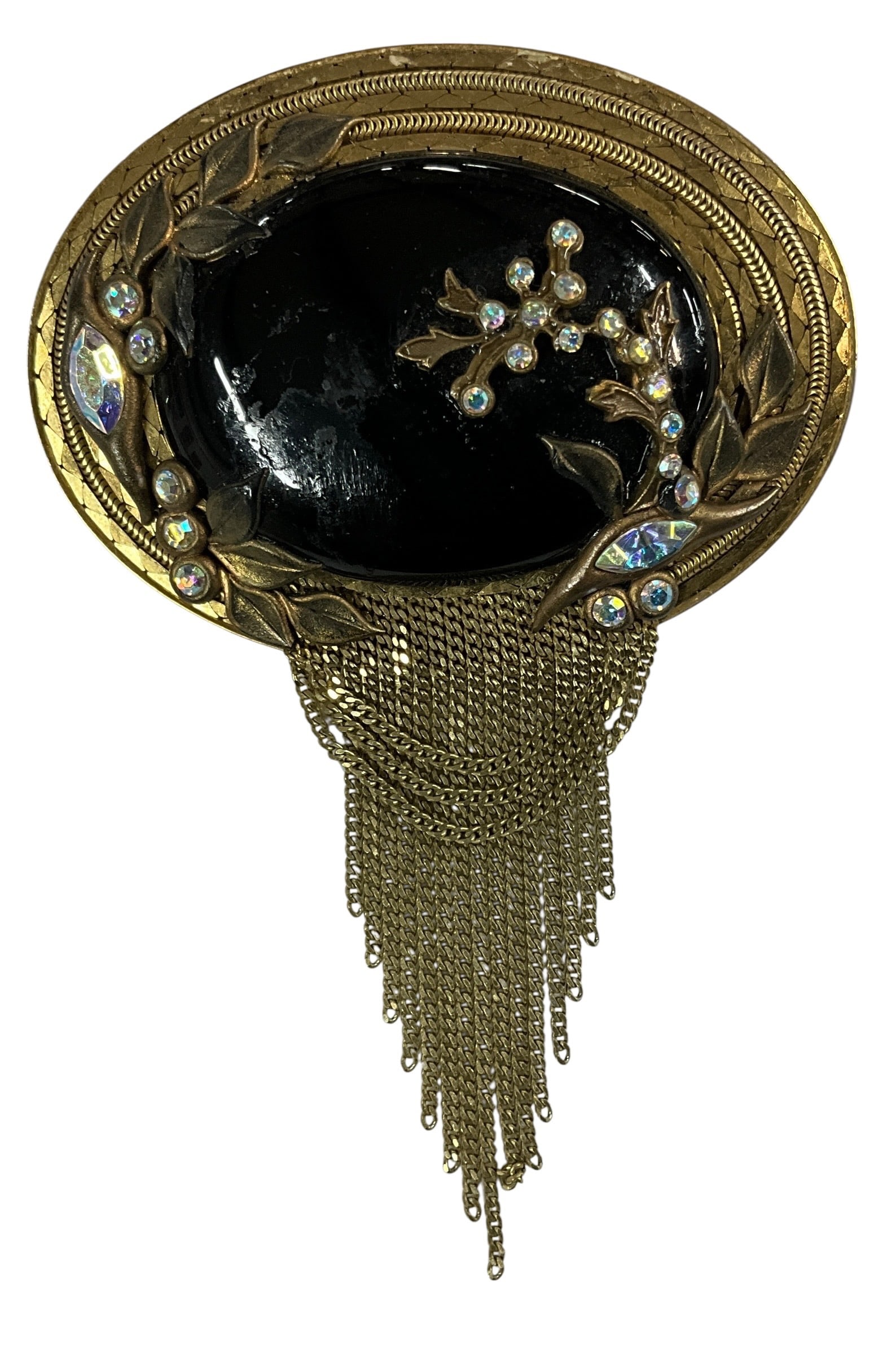 Marena Art Deco Revival Brooch with Black Cabochon & Chain Fringe – Germany: Striking Marena brooch featuring a large black cabochon centerpiece framed by textured gilt metal with stylized motifs and rhinestones, finished with multi-tier chain fringe. Configured to wear as eit