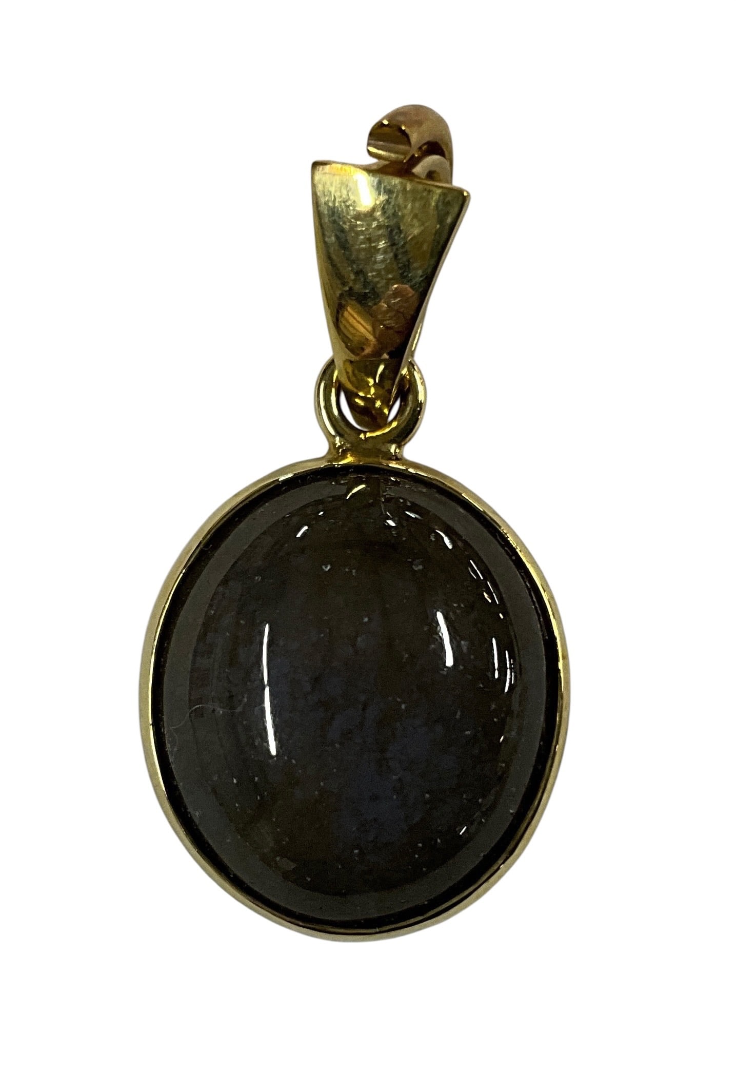 14K Yellow Gold Pendant with Oval Cabochon Stone (6.02g): Elegant 14K yellow gold pendant set with a polished oval cabochon stone, likely smokey quartz or agate, in a smooth bezel setting with tapered bail. Marked 585. Total weight approximately 6.02 grams.