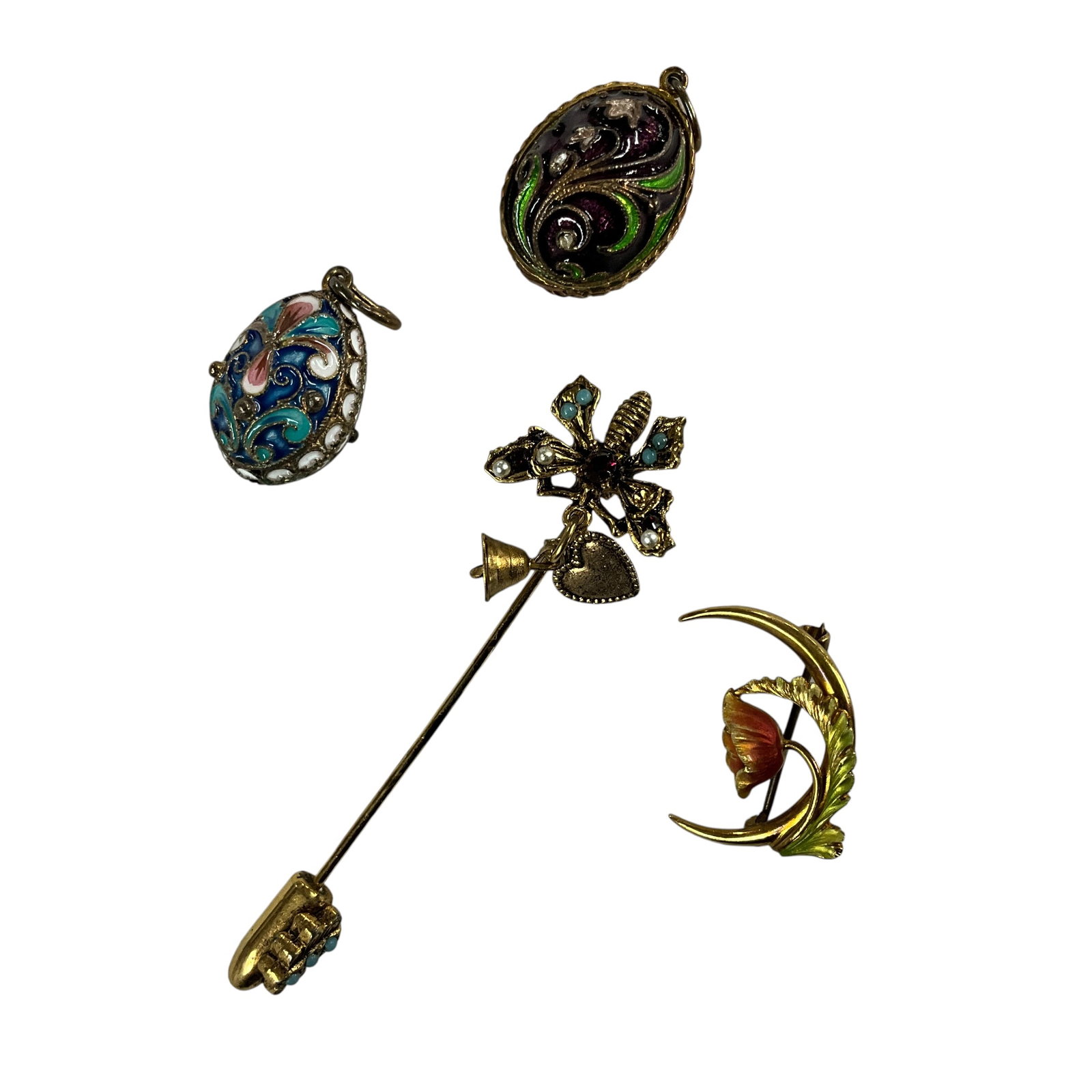 Collection of Vintage Enamel Jewelry: Lovely set of "Egg" Shaped enameled pendants. Nice stick pin of a bejeweled bee adorned with a gold tone bell and heart. Very pretty gold tone pin of an enameled flower on a crescent moon.