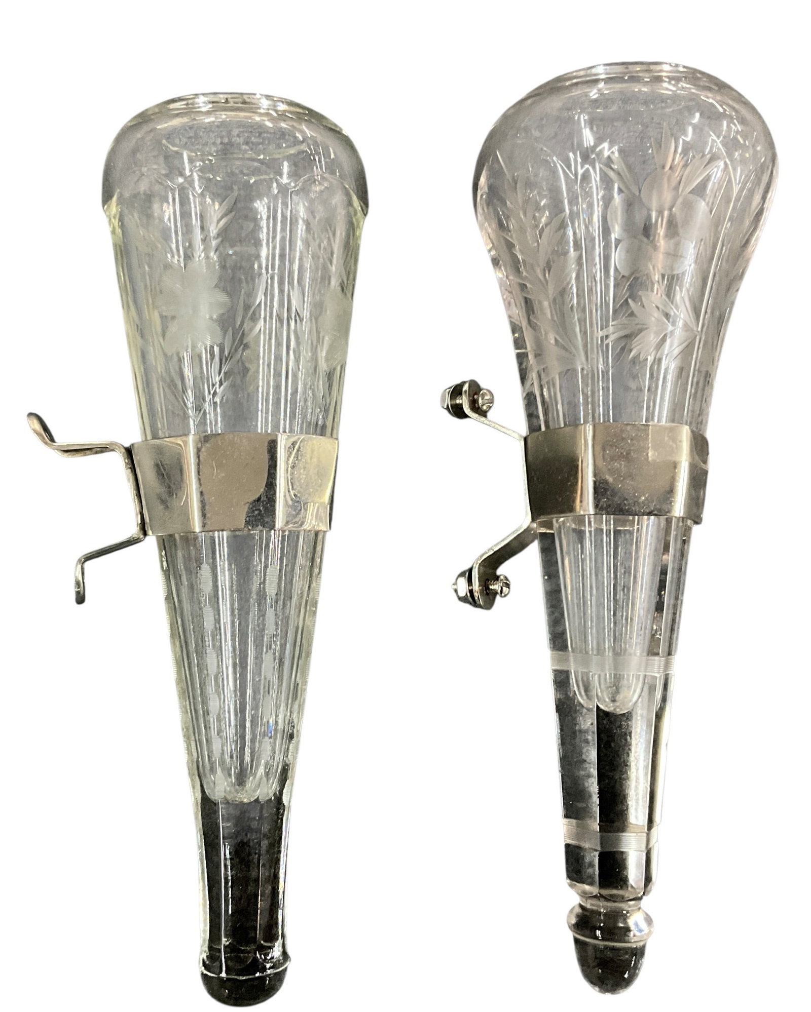 Pair of Antique Etched Glass Automobile Flower Bud Vases with Chrome Mounts (1 of 4)